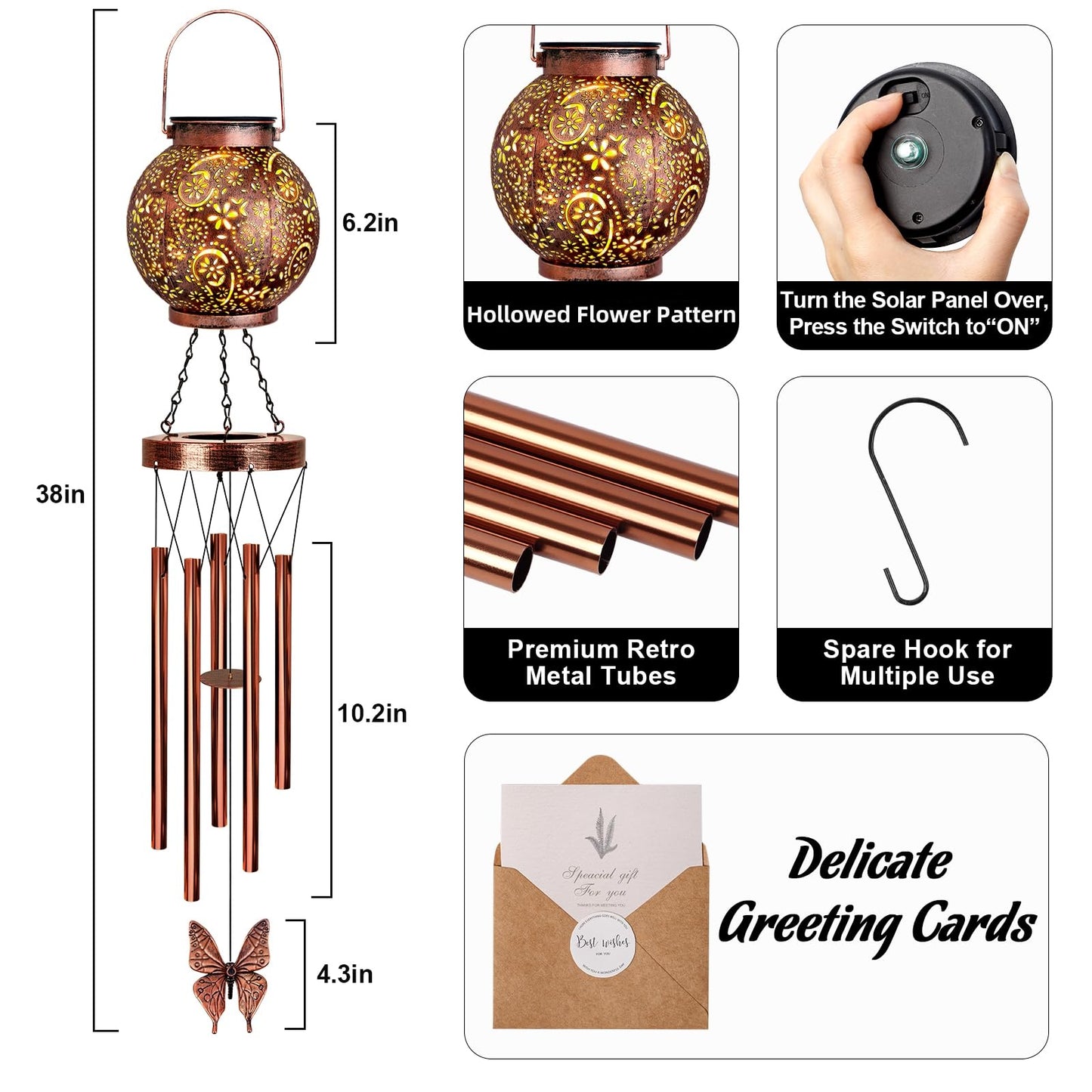 YHmall Solar Wind Chimes for Outside, Butterfly Birthday Gifts for Women Mom, Flower Solar Lantern Windchimes Outdoors, Hanging Memorial Wind Chimes for Garden Decor