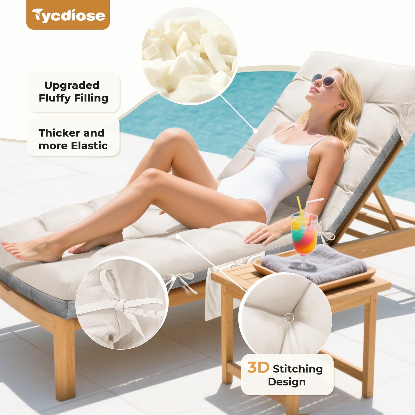 Tycdiose Outdoor Lounge Chair Cushion, Waterproof Replacement Chaise Lounge Cushions for Outdoor Furniture Thickened 71 x 22 x 4.7 Inches Non-Slip Patio Pool Lounge Chair Cushions with Ties (Cream)