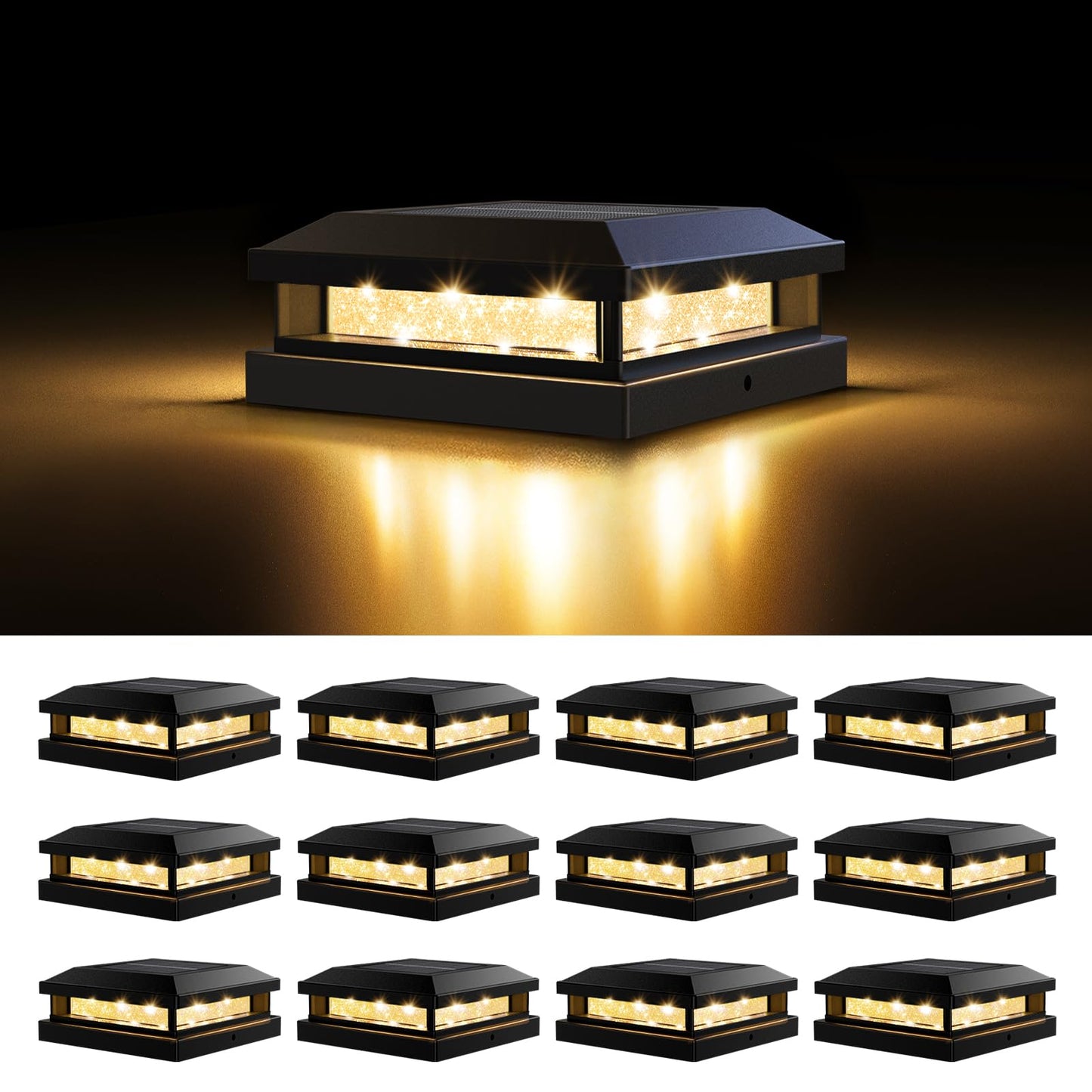 Solar Post Cap Lights Outdoor 12 Packs for 4x4 5x5 Vinyl/Wooden Posts, Waterproof Solar Powered Fence Post Light with Warm/Cool Lighting, Black 16LEDs Deck Cap Light for Garden, Patio, Porch