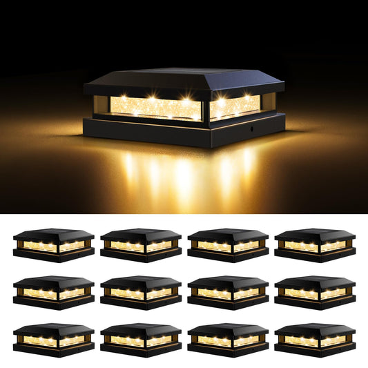 Solar Post Cap Lights Outdoor 12 Packs for 4x4 5x5 Vinyl/Wooden Posts, Waterproof Solar Powered Fence Post Light with Warm/Cool Lighting, Black 16LEDs Deck Cap Light for Garden, Patio, Porch