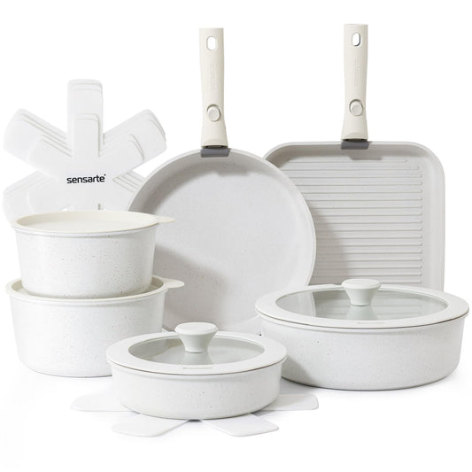 SENSARTE 17 Piece Pots and Pans Set, Nonstick Detachable Handle Cookware Set, Induction Kitchen Cookware Set with Removable Handle, Healthy Non Stick for RV, Dishwasher ＆ Oven Safe, PFOA Free (White)