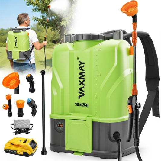 VAXMAY Battery Powered Backpack Sprayer 4.2 Gallon, 120 PSI Electric Garden Sprayer Compatible with DeWalt 20V Battery, Weed Yard Sprayer with 2 Wands, 5 Nozzles, 2.6 Ah Battery & Charger Included