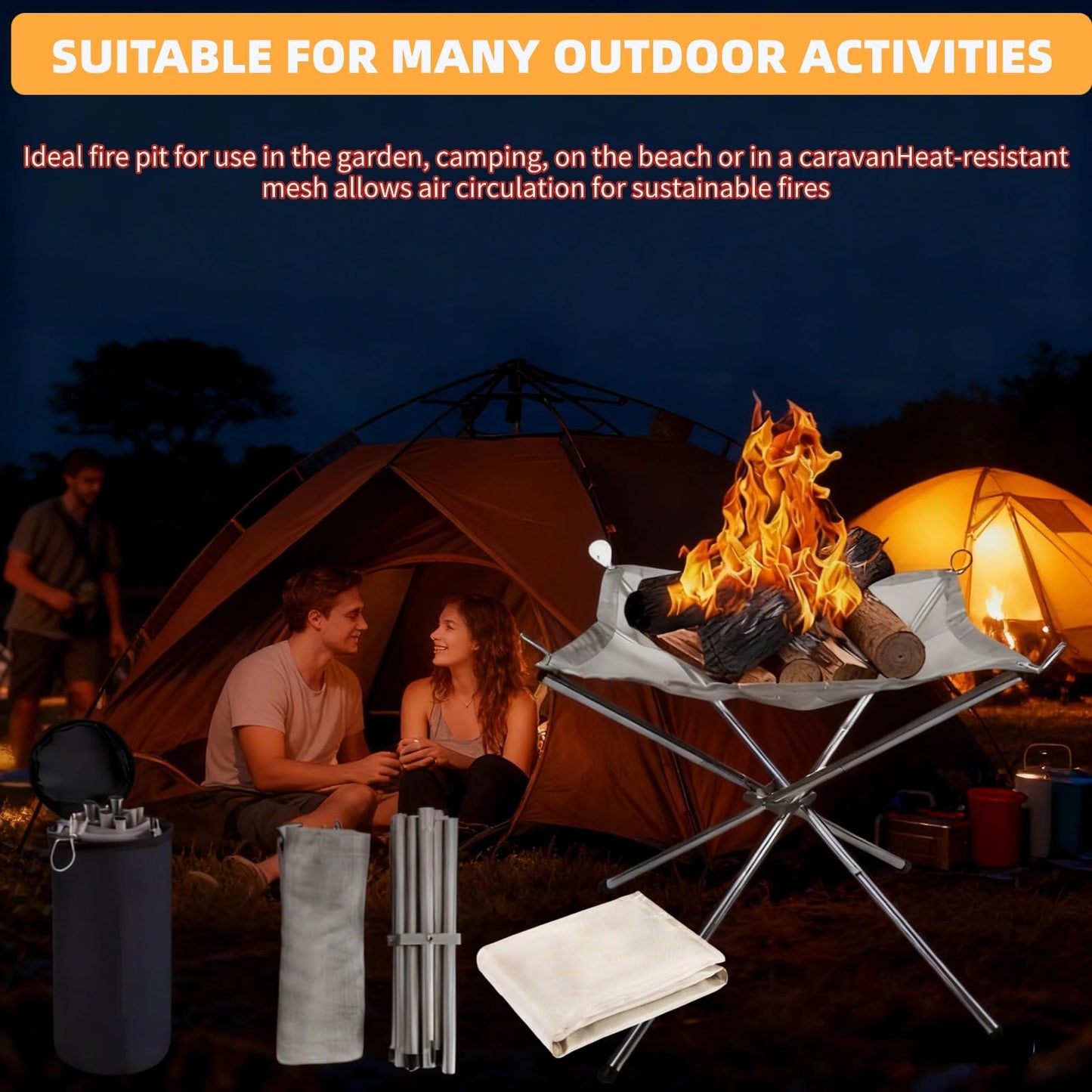 Portable Fire Pit for Camping,22 inch Outdoor Folding Fireplace with Heat Resistant Firepit Mat & Carrying Bag,Upgrade 304 Stainless Steel Mesh BBQ Fire Bowl for Picnics,Campfire,Backyard,Garden