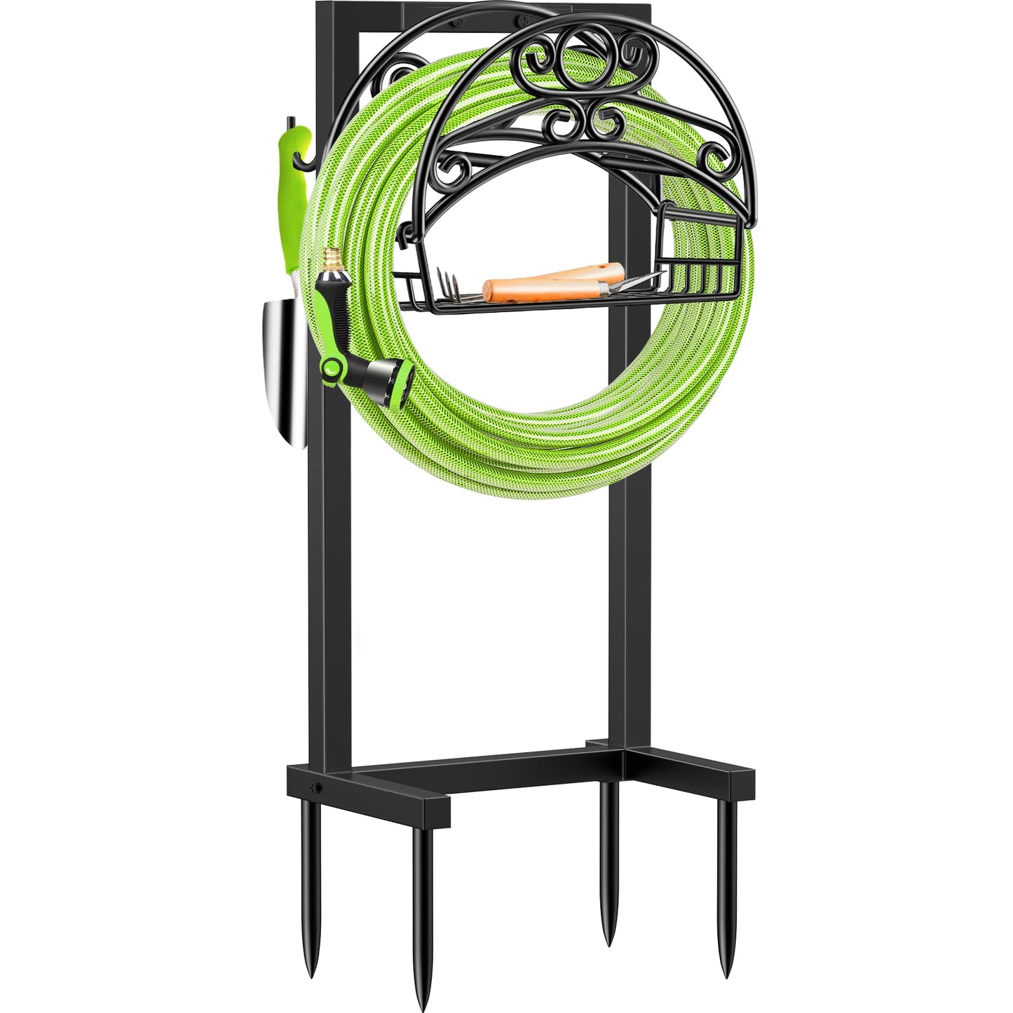TomCare Garden Hose Holder Upgraded Water Hose Holder with Storage Basket Heavy Duty 4 Spikes Hose Hanger Holds 160 Feet Hoses Stable Freestanding Hose Storage Organizer for Outside Yard