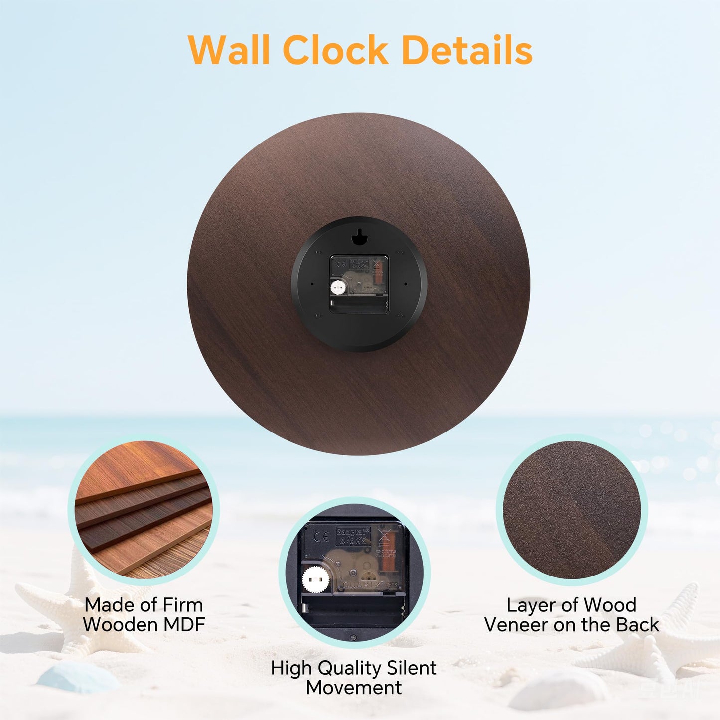 Toudorp 14 Inch Coastal Ocean Wall Clock with Seashell Design and Palm Tree Beach Theme - Battery Operated Silent Wall Decor for Home, Kitchen, Living Room, Office, Bedroom