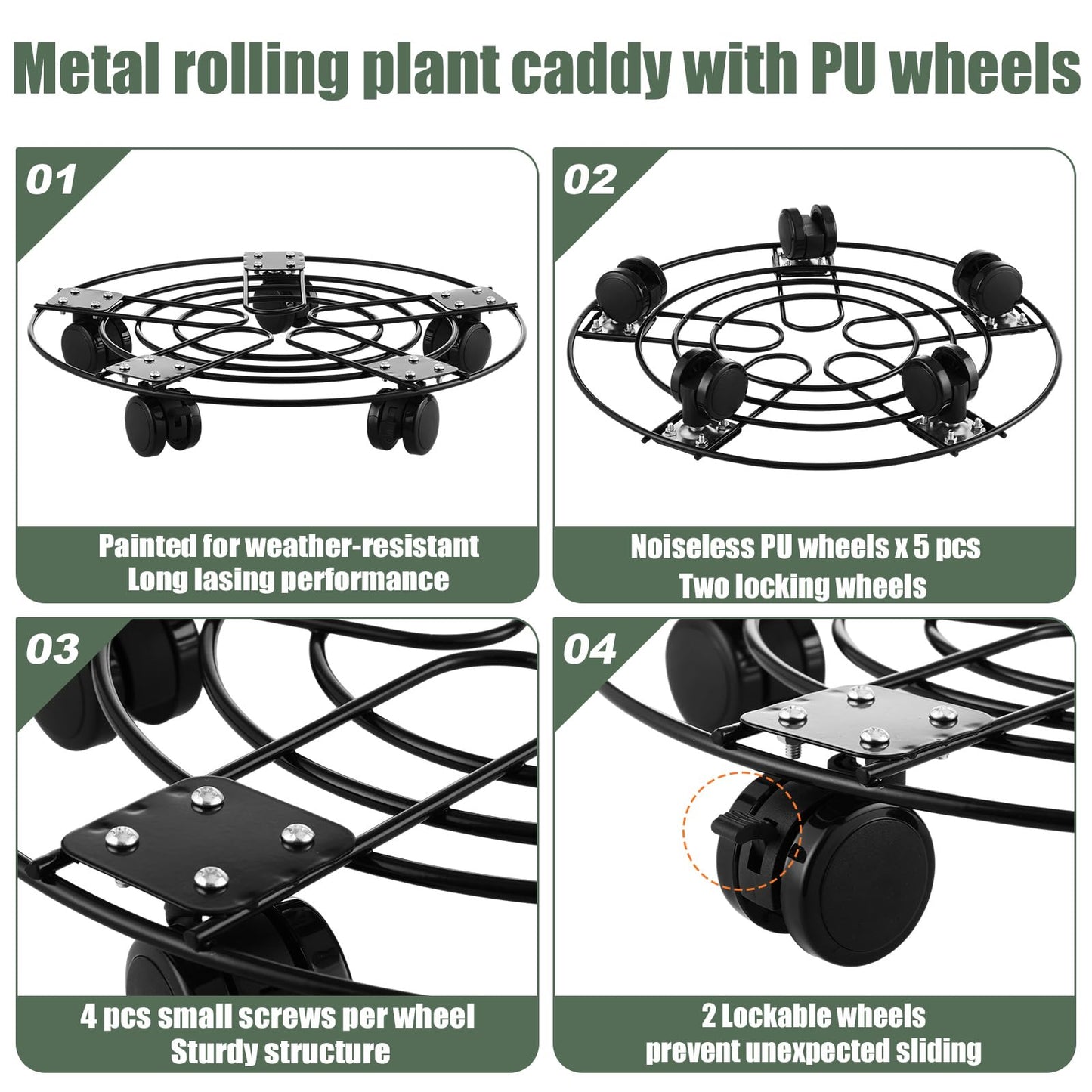 3 Packs 13.5" Large Metal Plant Caddy with Wheels Iron Metal Rolling Plant Stands Heavy-duty Plant Roller Base Pot Movers Indoor Outdoor Plant Dolly with 5 Casters Plant Trolley Coaster Holder