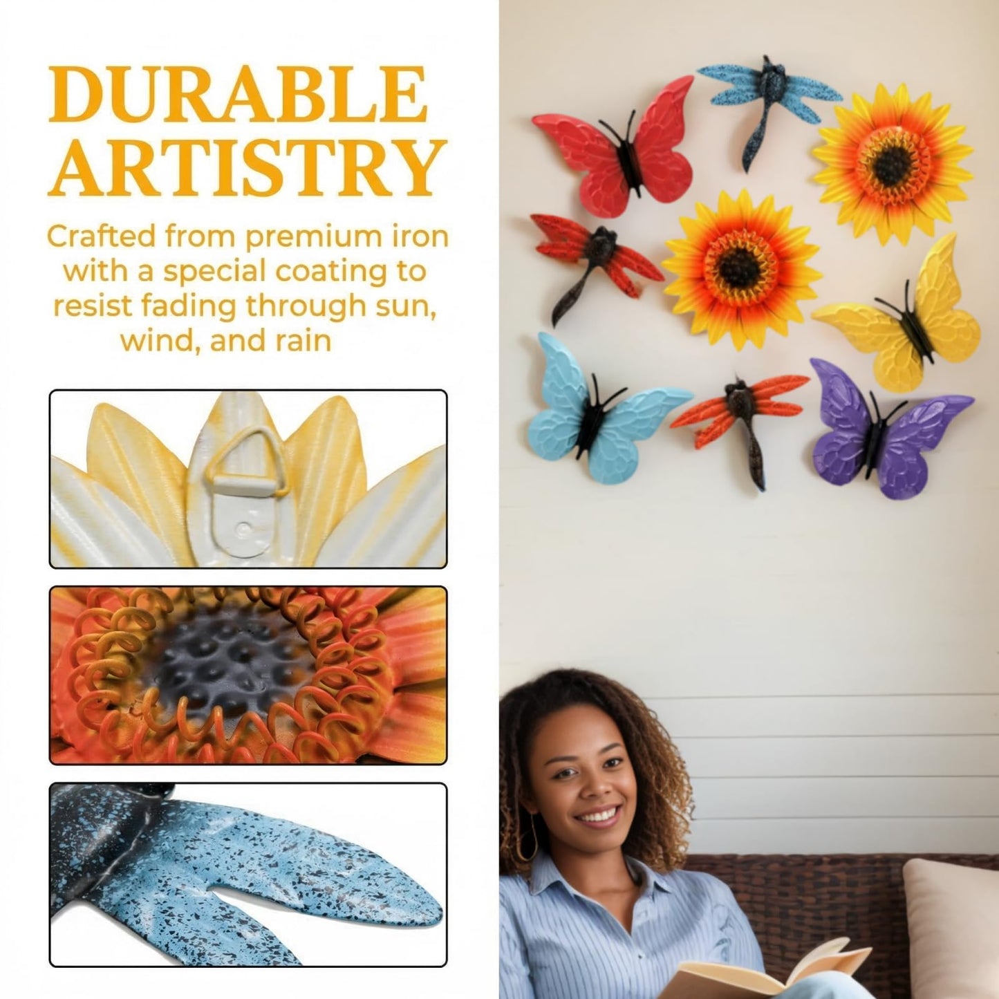 Pumtus 9 Pack Metal Flowers Wall Decor, Small Outdoor Fence Decoration, Butterfly Dragonfly Wall Art Ornament, Hanging Sunflower Animal Sculptures for Garden Patio Backyard Deck Home