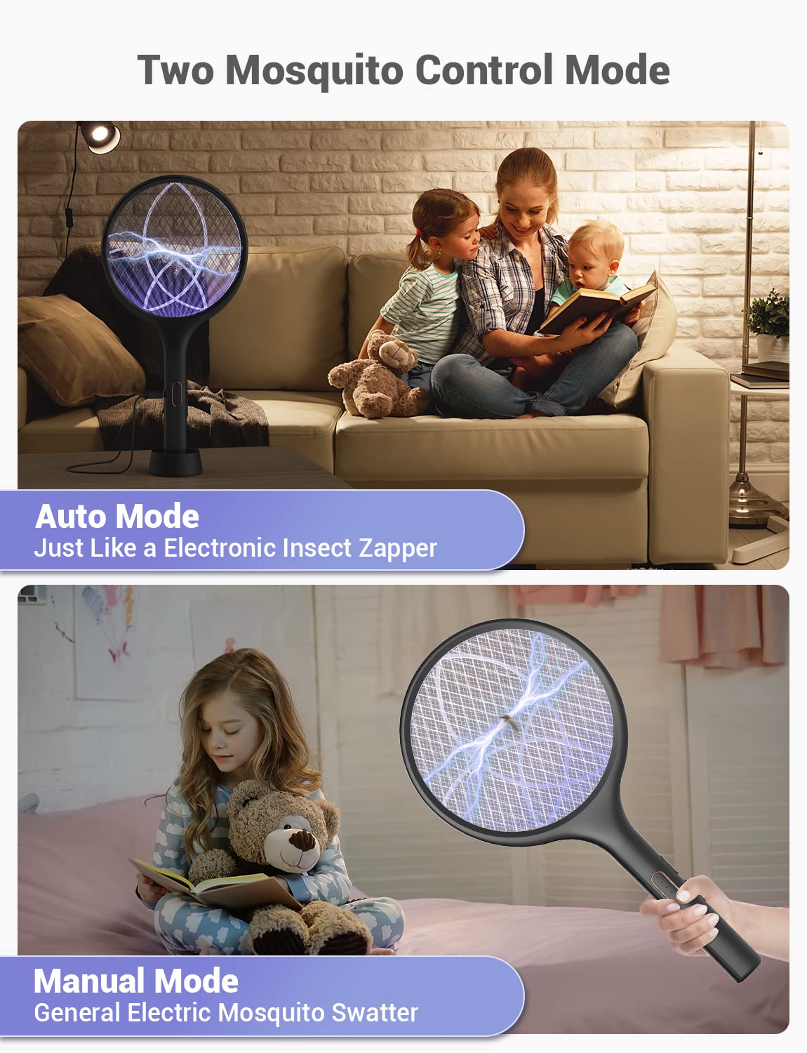 YISSVIC Electric Fly Swatter 4000V Bug Zapper Racket Dual Modes Mosquito Killer with Purple Mosquito Light Rechargeable for Indoor Home Office Backyard Patio Camping (Black-1 Pack)