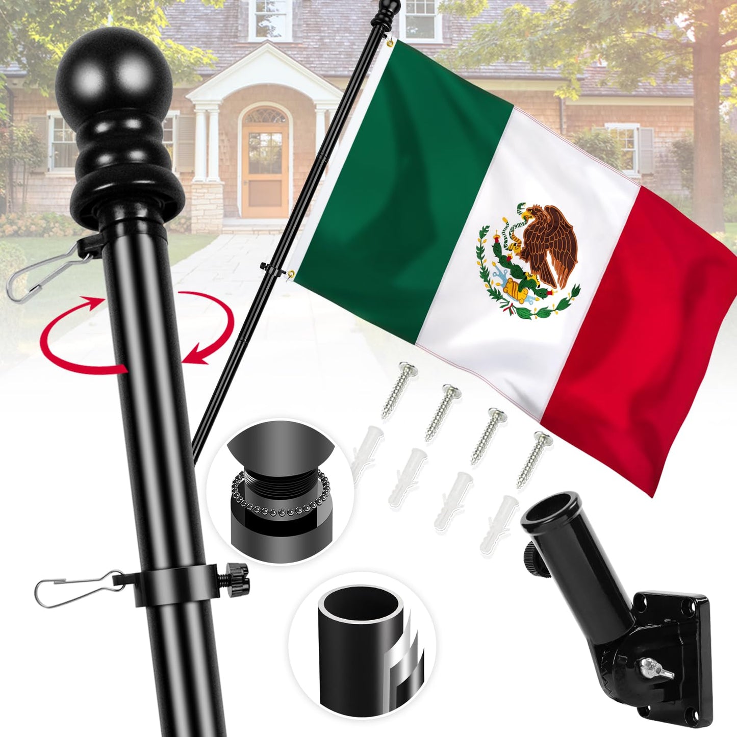 Mexico Flag with Poles for Outside House, 6ft Aluminum No Tangle Spinning Flag Pole, 180° Multi- Position Mounting Bracket, 3x5 ft Nylon Mexican Flag, Wind Resistant Rust Free Kit (Black)