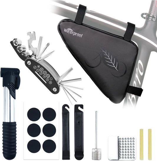 NDakter Bike Bag:Bike Frame Bag & Bicycle Repair Kit, 2L Waterproof Storage Pouch with 16-in-1 Multi-tool, Portable Bike Tool Set for Flat Tire Repair, Cycling Accessories for Mountain Road Bike, MTB