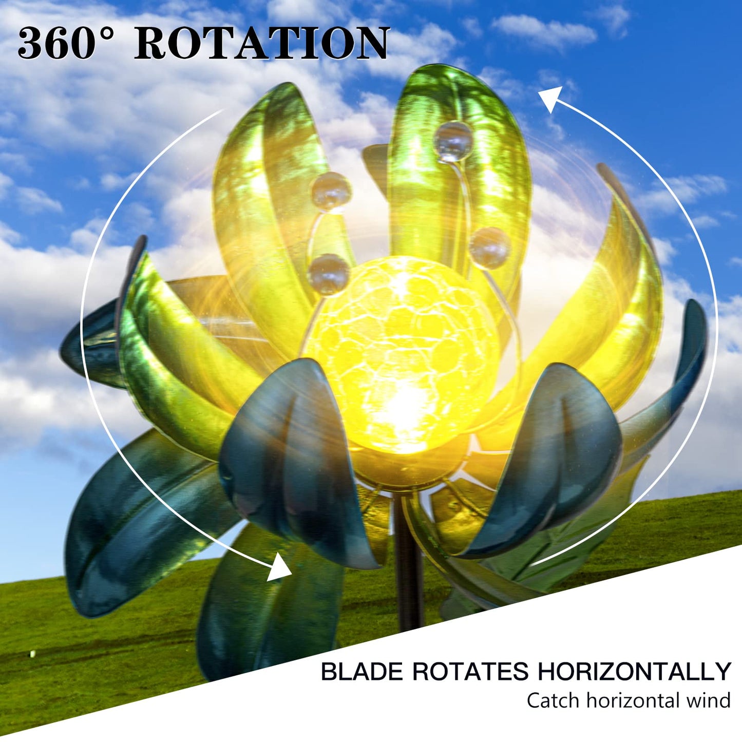 Huaxu Solar Outdoor Lights 35.4In Garden Decor Flower Wind Spinners,Waterproof LED Crackle Glass Globe Blue Lotus Art Metal Stake for Lawn Patio Pathway Yard Porch Driveway Decorations Gift
