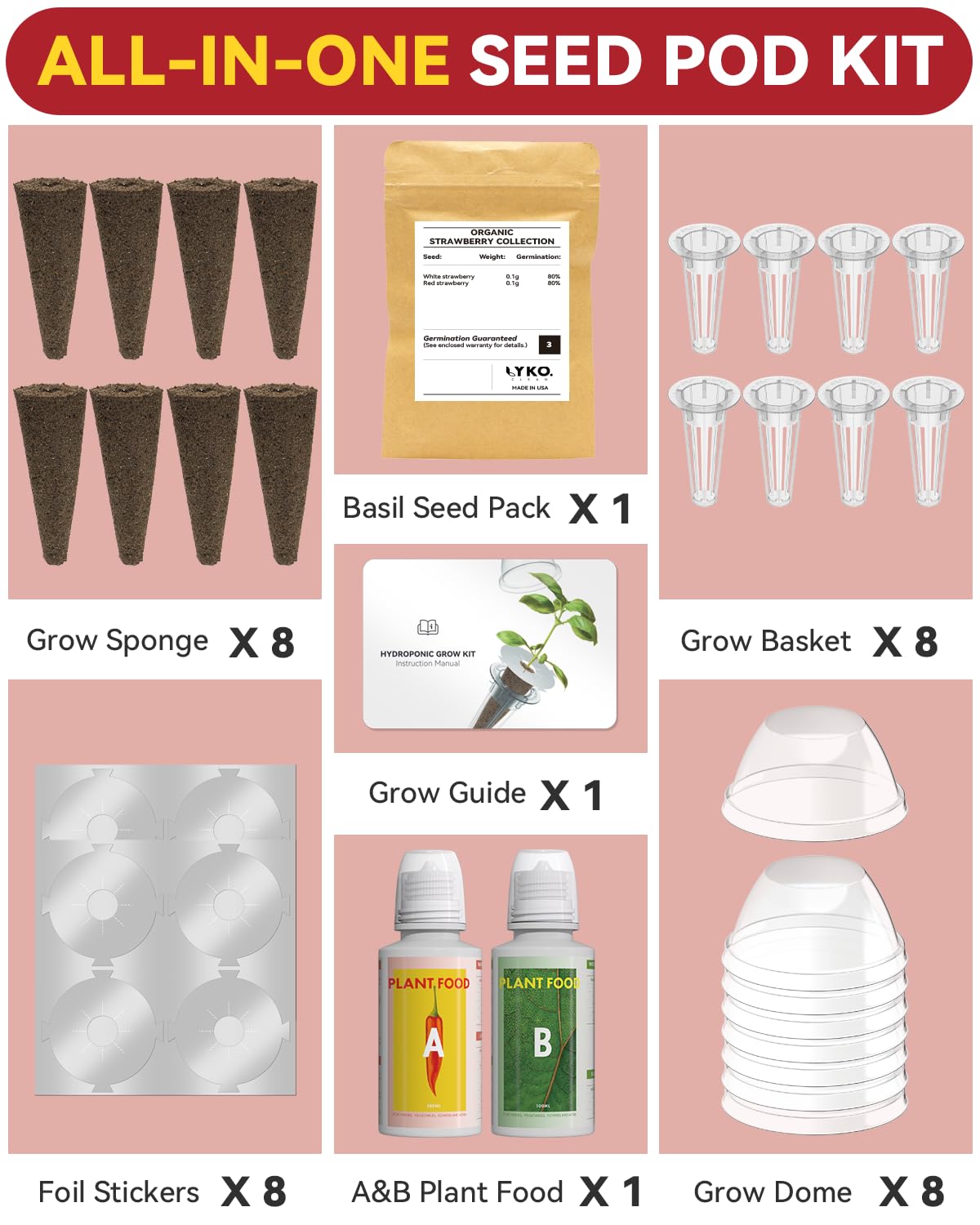 LYKOCLEAN Hydroponic Seed Pod Kit Compatible with AeroGarden, Ahopegarden, iDoo, MUFGA, 8 Pods Complete Growing Anything Garden Supply with Strawberry Seeds, Grow Sponges, Baskets, Domes, Labels