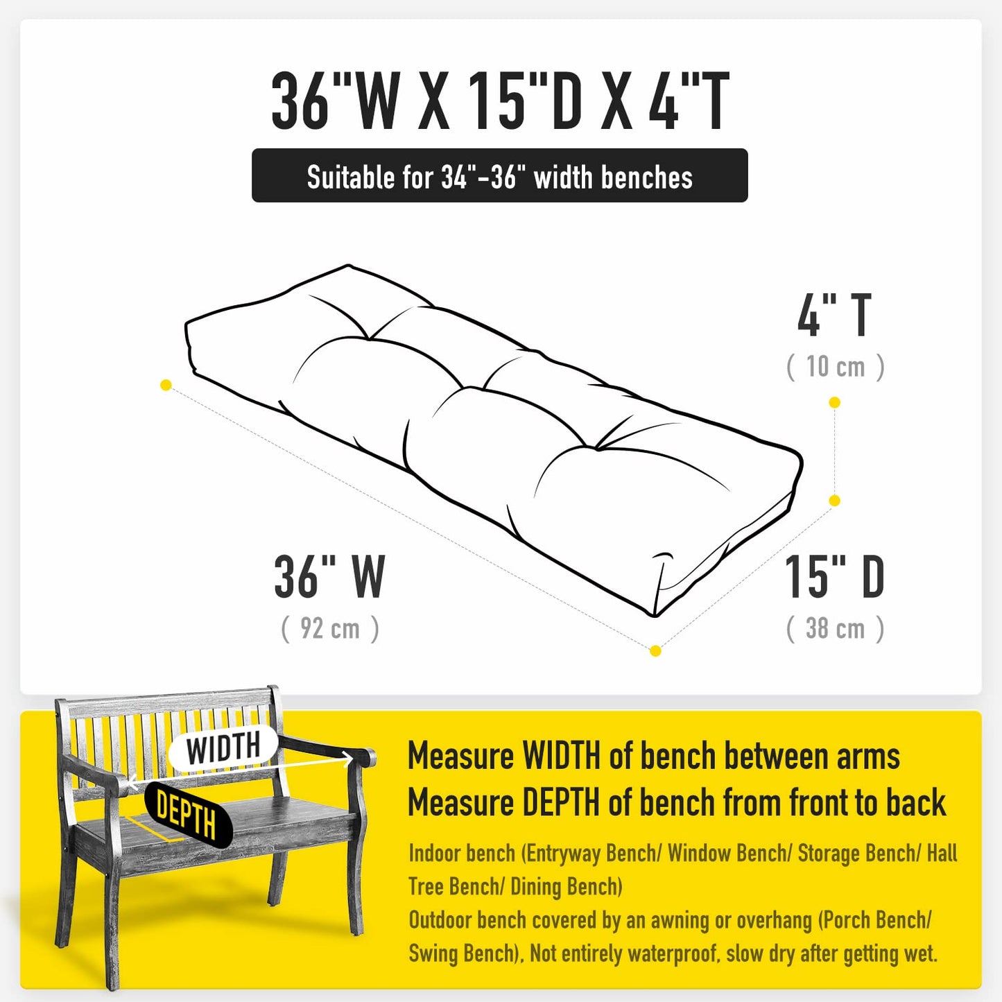 SUNROX LokGrip Non Slip Tufted Memory Foam Bench Cushion, FadeShield Water Resistant Durable Thicken Outdoor/Indoor Bench Seat Pads 36x14x4 inch, Heather Grey