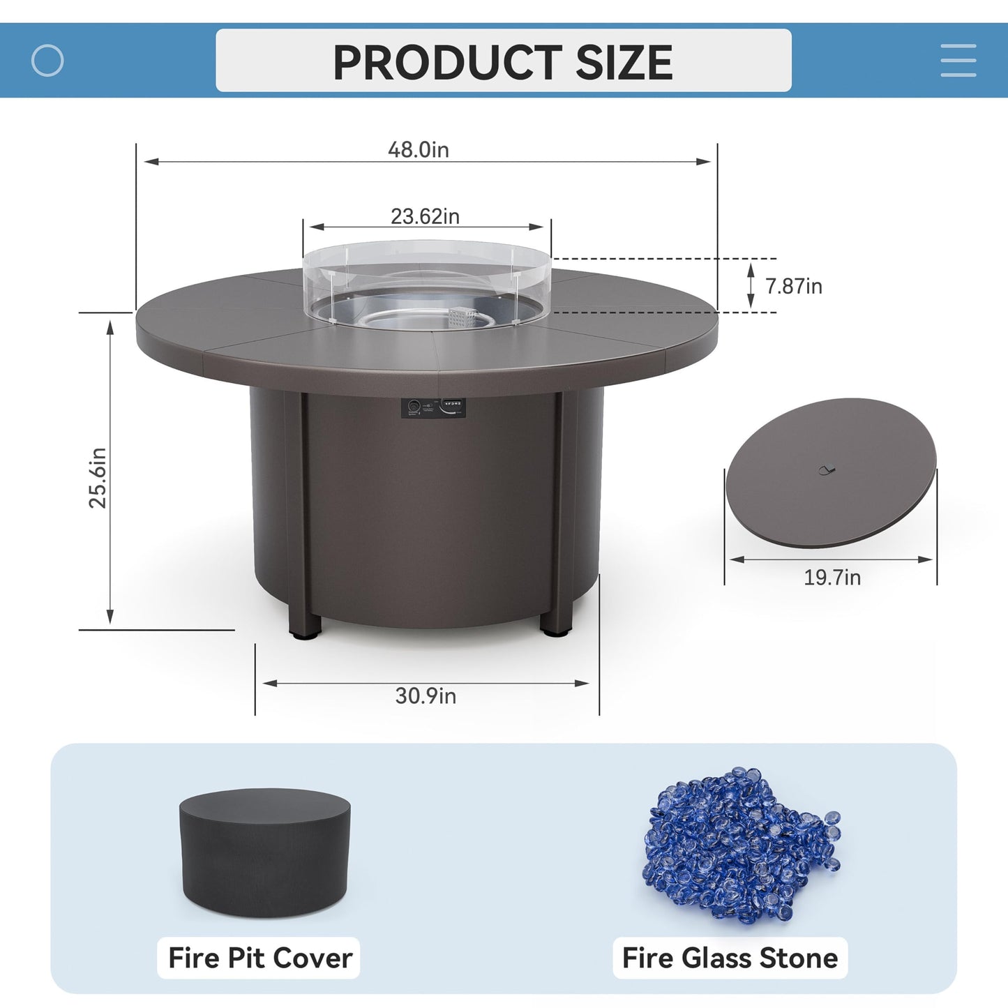 Kullavik 48" Round Propane Fire Pit Table,55000 BTU Auto-Ignitiongas Gas Fire Table with Fire Glass and Lid,Waterproof Cover and Pumice Stone for Patio,Balcony,Garden