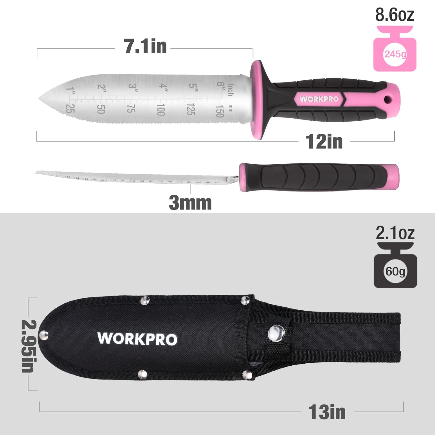 WORKPRO Hori Hori Garden Knife, 7" Stainless Steel Blade with Cutting Edge, Garden Tools with Oxford Sheath, Ergonomic TRP Handle with Hanging Hole for Weeding, Planting, Digging, Pink Ribbon