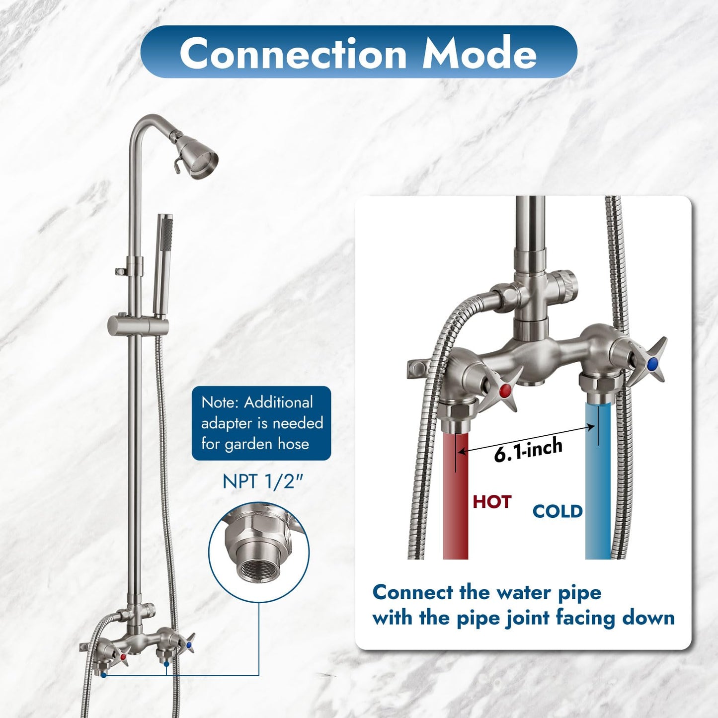 Cinwiny Brushed Nickel Wall Mounted Exposed Shower Fixtures with Hand Held Shower Head Outdoor Shower Kit 2 Cross Handles with Adjustable Slide Bar Dual Function Shower Faucet