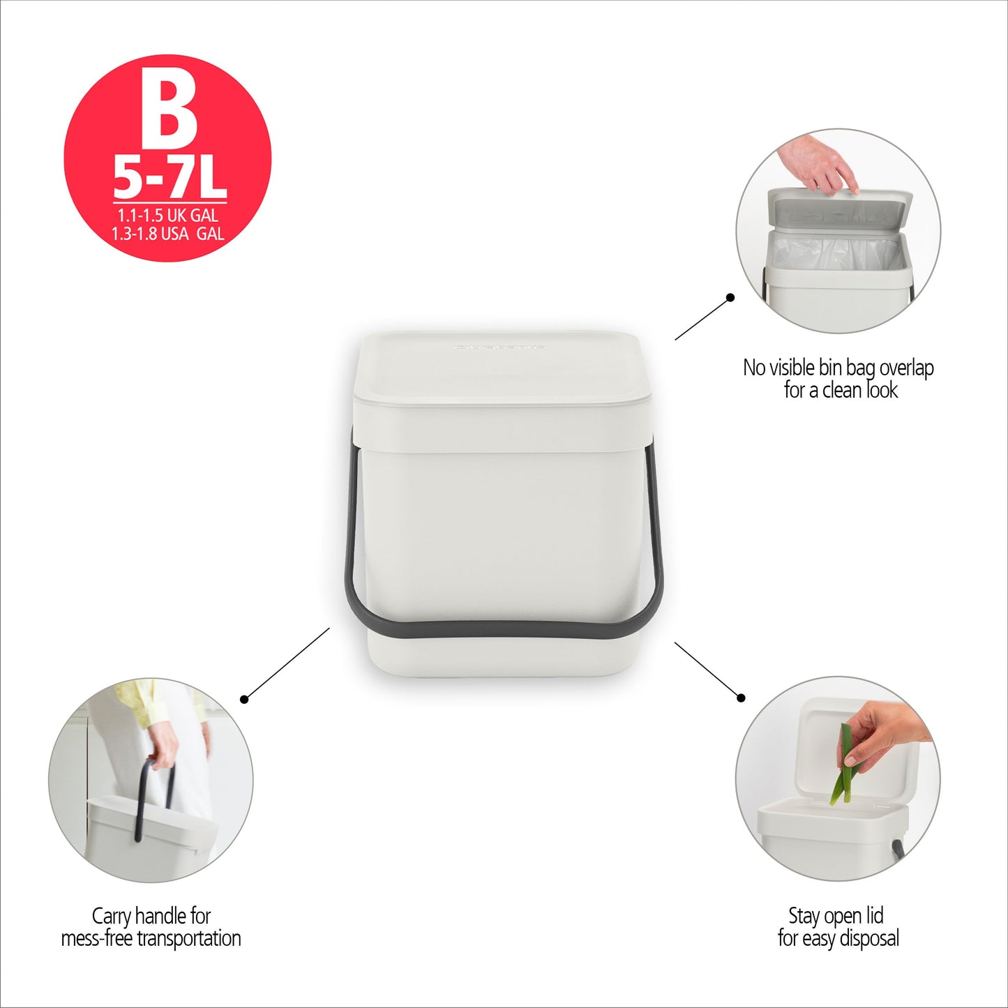 Brabantia Sort & Go Kitchen Countertop Food Scraps Compost Bin | XS / 1.6 Gal / 6L | Jade Green | Removable Stay-Open Lid, Carry Handle, Easy-Clean Recycling Box | Wall-Mounting Bracket Included