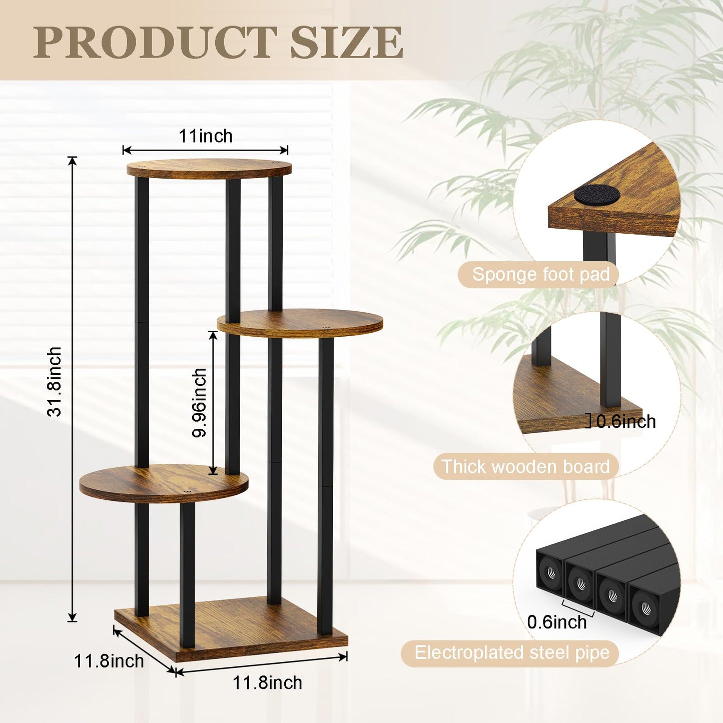 SMFANLIN 4 Tier Plant Stand Indoor, Metal Wooden Tall Plant Shelf Flower Pot Stand for Multiple Plants, Corner Flower Holder Plant Display Rack for Living Room Balcony Patio Garden (Rustic Brown)
