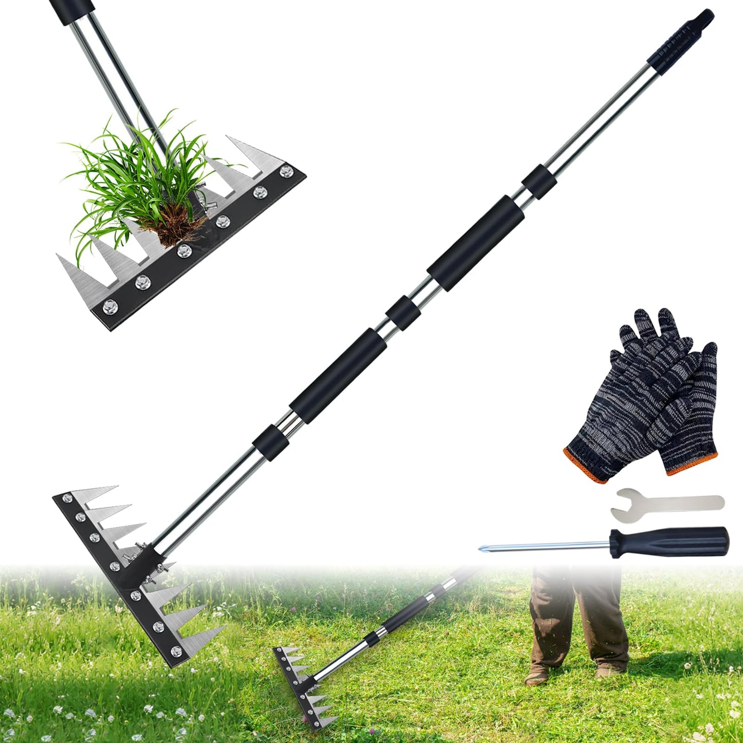 Upgraded 8 Tines Stainless Steel Weeding Tool, Thickened Version Manual Weeder Rake, Weeder Rakes with Adjustable Length Handle, Garden Weed Puller Tool for Weeding Loosen The Soil and Collect Fallen