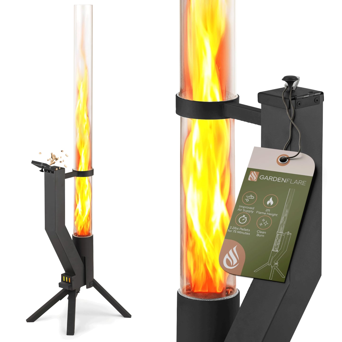 Gardenflare GARDENFLARE Stainless Steel Pellet Stove & Smokeless Firepit, Patio Heater for Ambiance - Wood Fire Pit for Patio, Fire Tube, Outside Backyard Bonfire & Outdoor Fireplace
