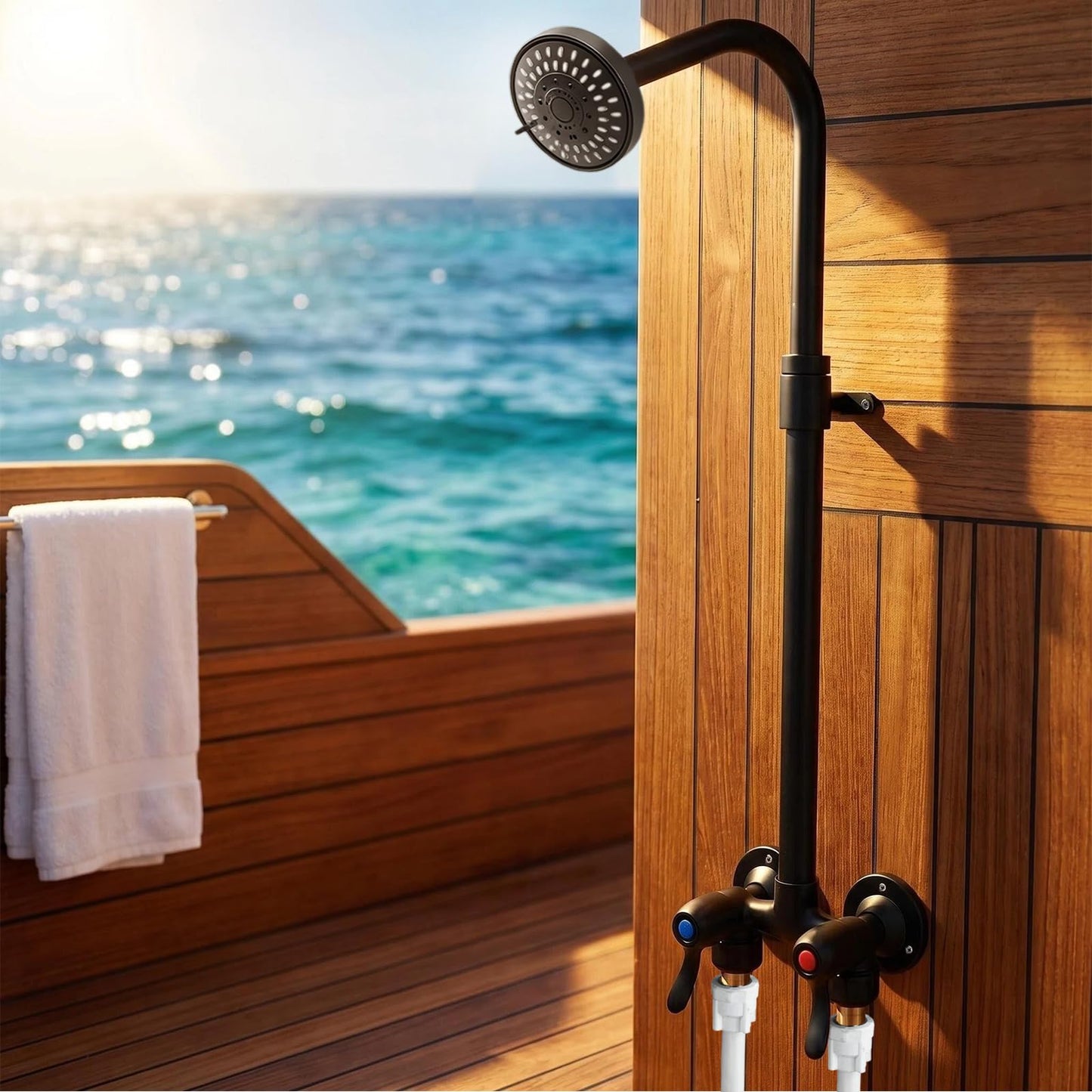 Dbbsfst Outdoor Shower Kit Dual Handle Extendable Exposed Pipe Outdoor Shower Fixtures System with ABS 5 Spray Mode Settings Showerhead Solid Brass 4 Inch Center Mix Valve Matte Black