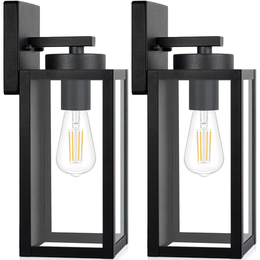 Outdoor Wall Light Fixtures, Exterior Waterproof Wall Lanterns, Porch Sconces Lighting with E26 Sockets & Glass Shades, Modern Matte Black Outside Lights for Patio Front Door Entryway Garage, 2-Pack