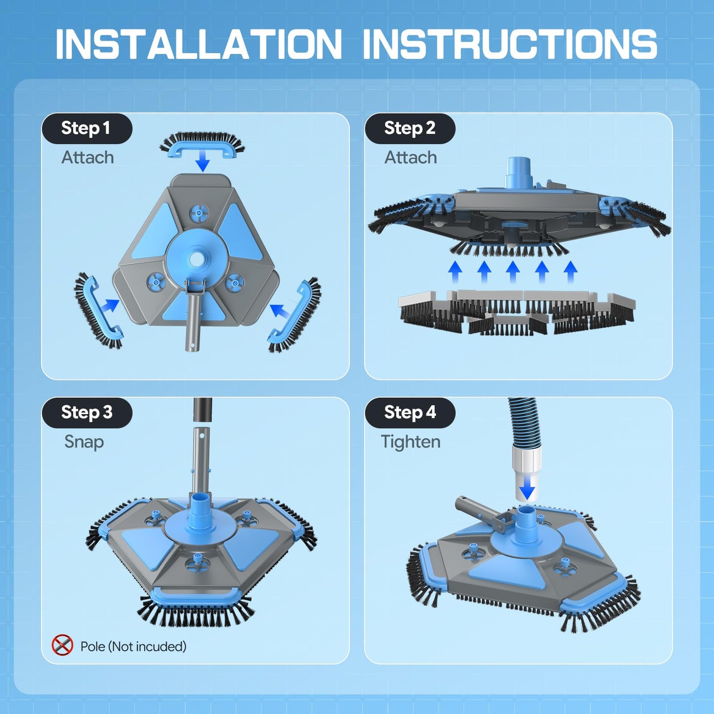 UIRWAY 3-in-1 Deluxe Swimming Pool Cleaning Kit - Includes Upgrade Heavy Duty Triangular Pool Vacuum Head, Detachable Brush, Deep Leaf Skimmer Net Inground & Above Ground Pools Cleaning(No Pole)