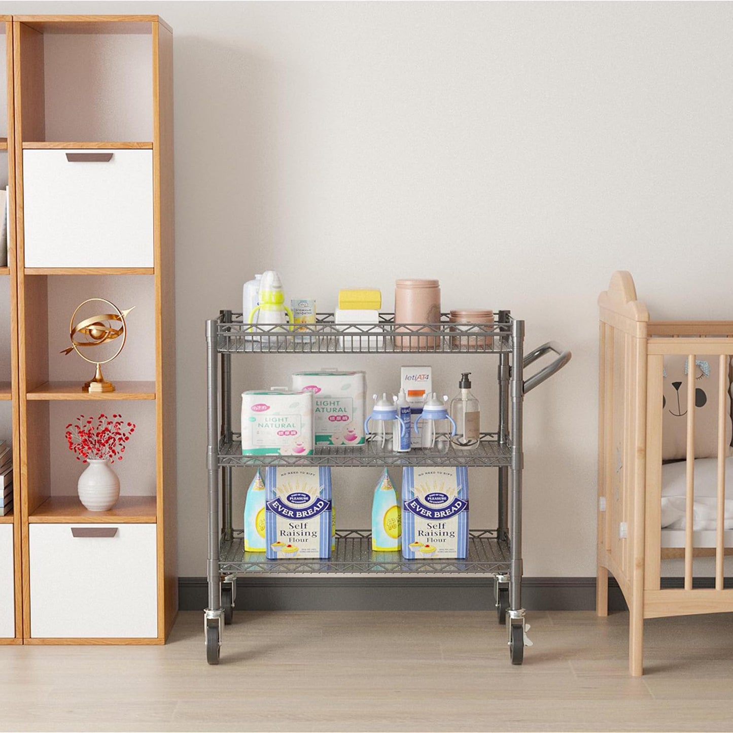 Folews Heavy Duty Rolling Cart with Wheels for Kitchen & Garage, 990LBS 3-Tier Metal Utility Cart, NSF Adjustable Shelves & Basket, Lockable Casters, Commercial Storage Trolley, Gray