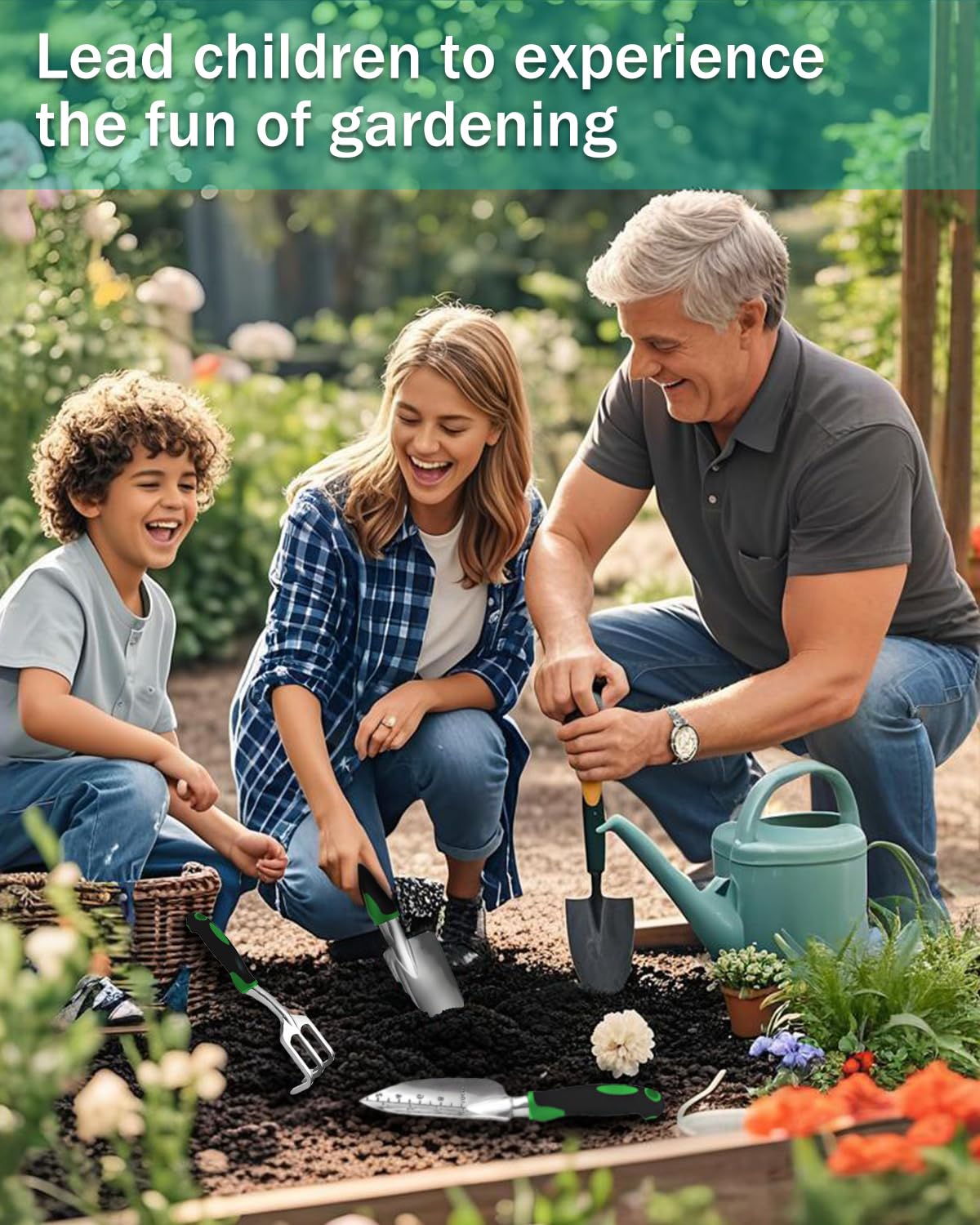 Garden Tools, Heavy Duty Cast-Aluminum Garden Tool Set with Hand Trowel, Transplant Trowel, Cultivator Rake, Soft Rubber Ergonomic Non-Slip Handle, Gardening for Home Gardeners (Basic Set (3 PCS))