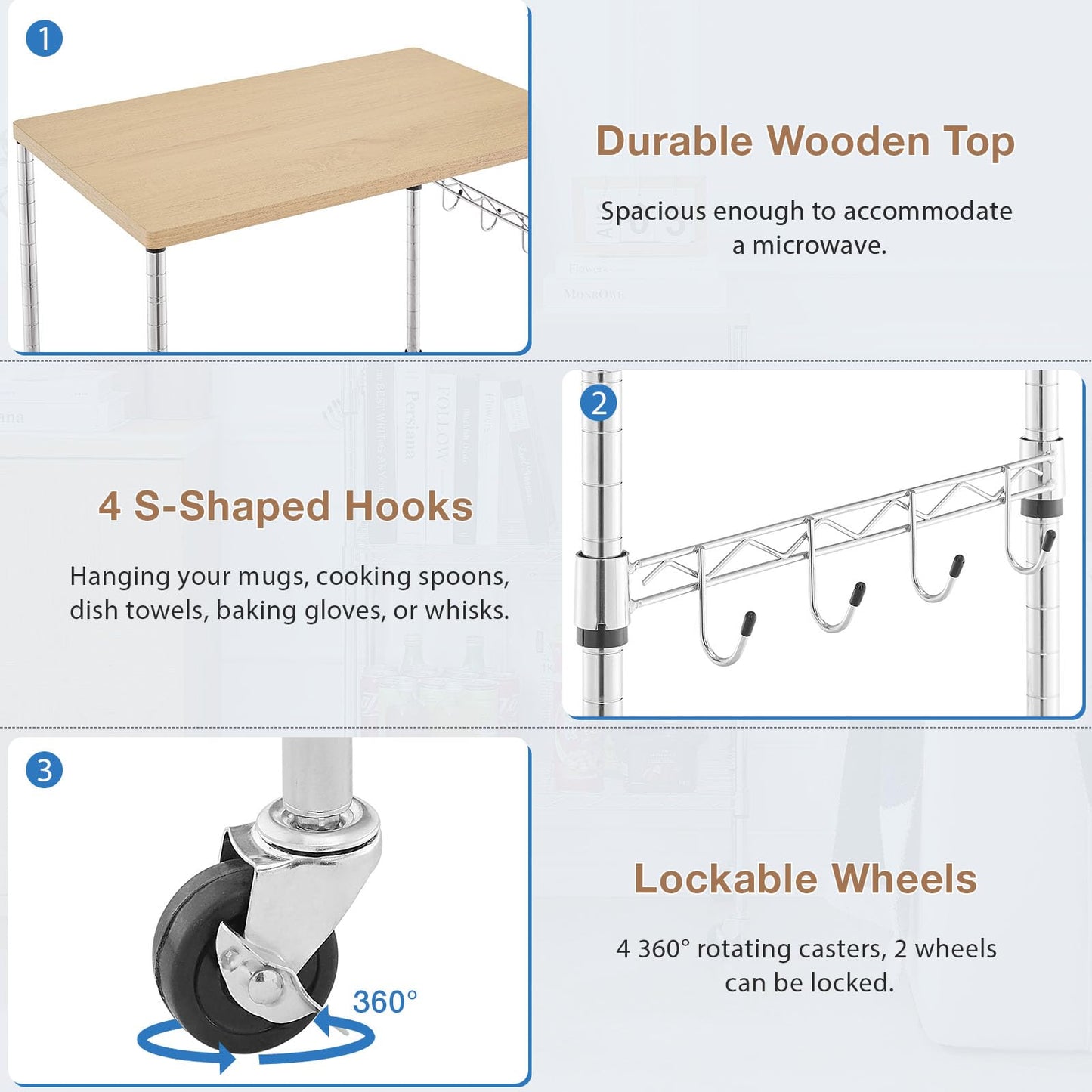 BolDuck 450Lbs Capacity Microwave Cart with Wheels, 3 Tier Rolling Cart with Adjustable Shelves, Multifunctional Metal Utility Storage Kitchen Carts on Wheels, 23.6" L*15.7" W*37" H, Wood+Chrome