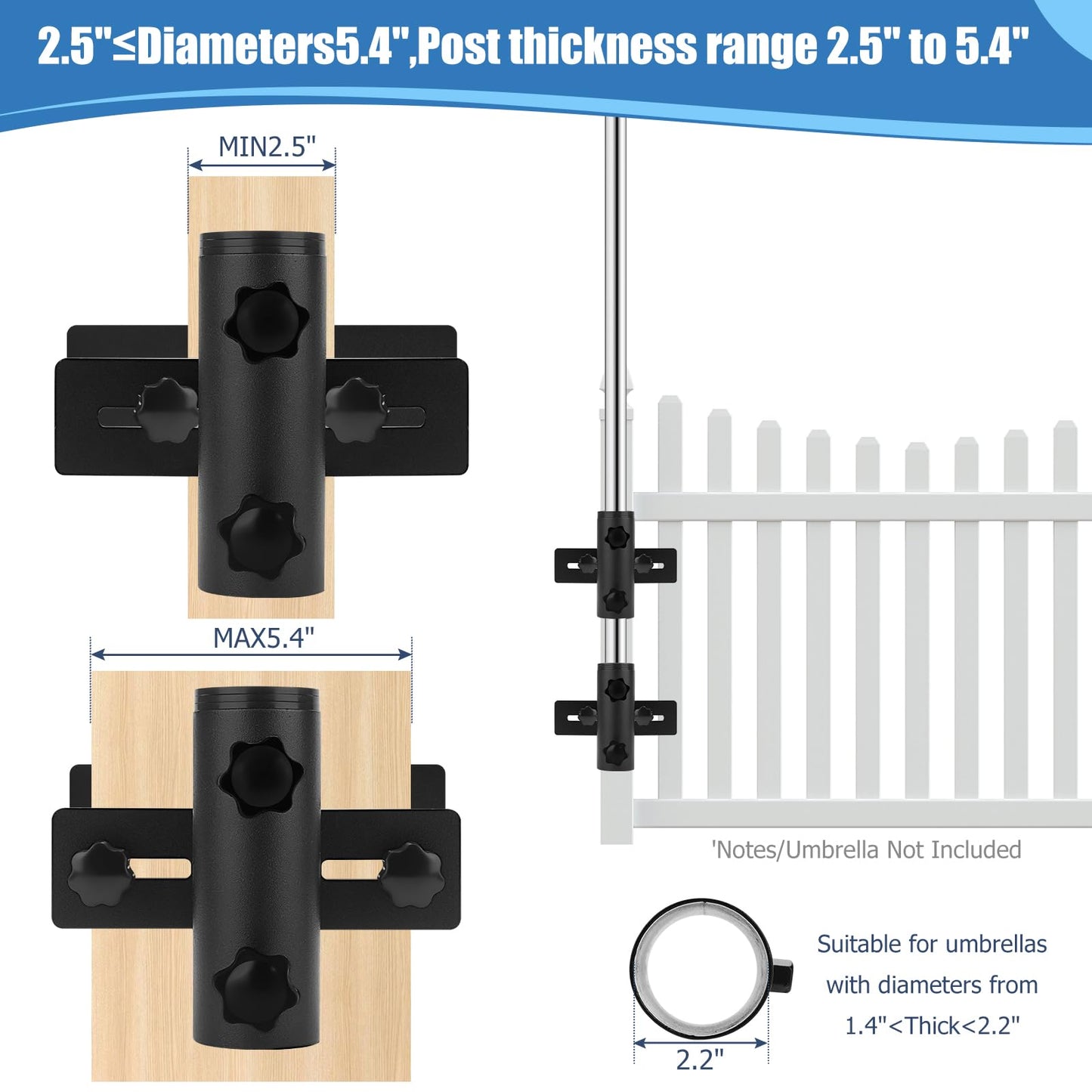 SLIIMU Umbrella Stand for Deck Railing, Patio Fence Umbrella Holder Clamp Outdoor, Adjustable Deck Post Parasol Mount Bracket, Metal Balcony Parasol Base Clip on Porch, Courtyard (Black)