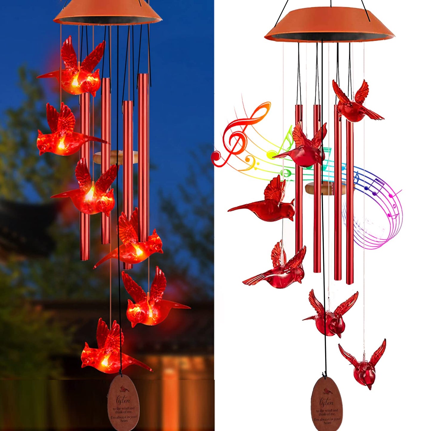 Solar Cardinal Wind Chimes Outdoor Solar Lights Cardinal Red Bird Windchimes Waterproof Hanging Decorations for Garden Patio,Gifts for Women Birthday Thanksgiving Party