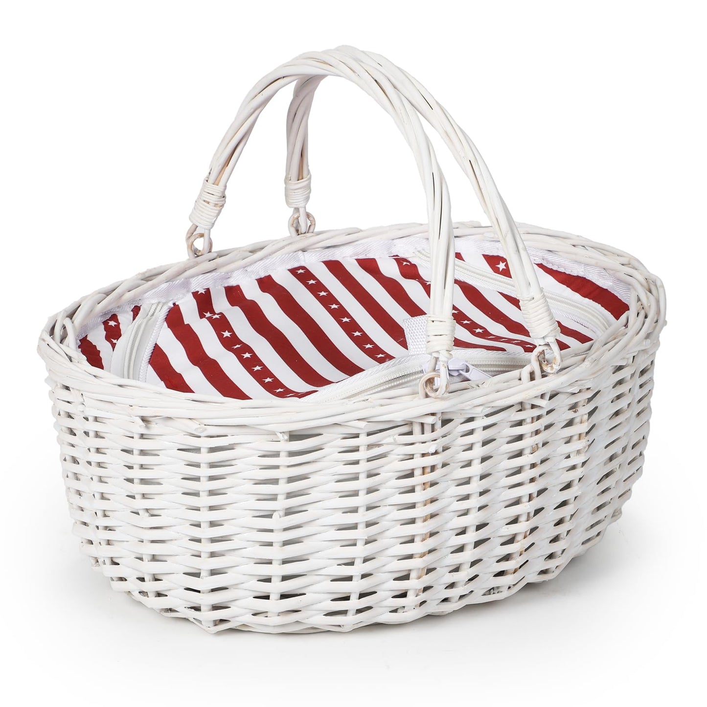 Wicker Picnic Basket with Insulated Lined Bag 15“ x 11” x 7“ Red, White Star Stripe Pattern, Iced Beer Insulated Bag for Camping, Picnics, Birthday Gifts, Wedding Gifts