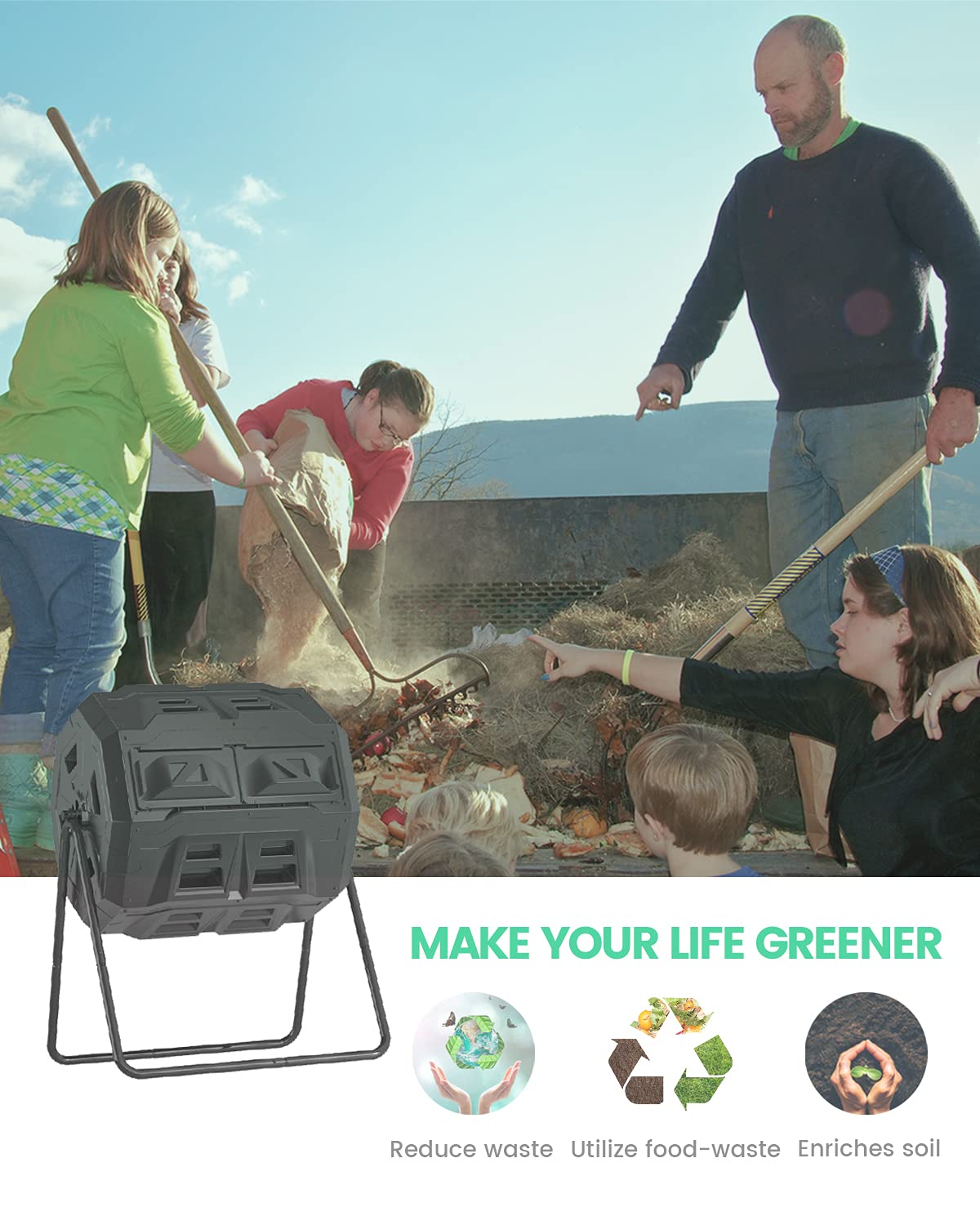 EJWOX 43 Gallon Dual Chamber Tumbling Composter with Integrated Thermometer - Rotatable Outdoor Compost Bin, Dual Batch Design for Garden Waste, Black