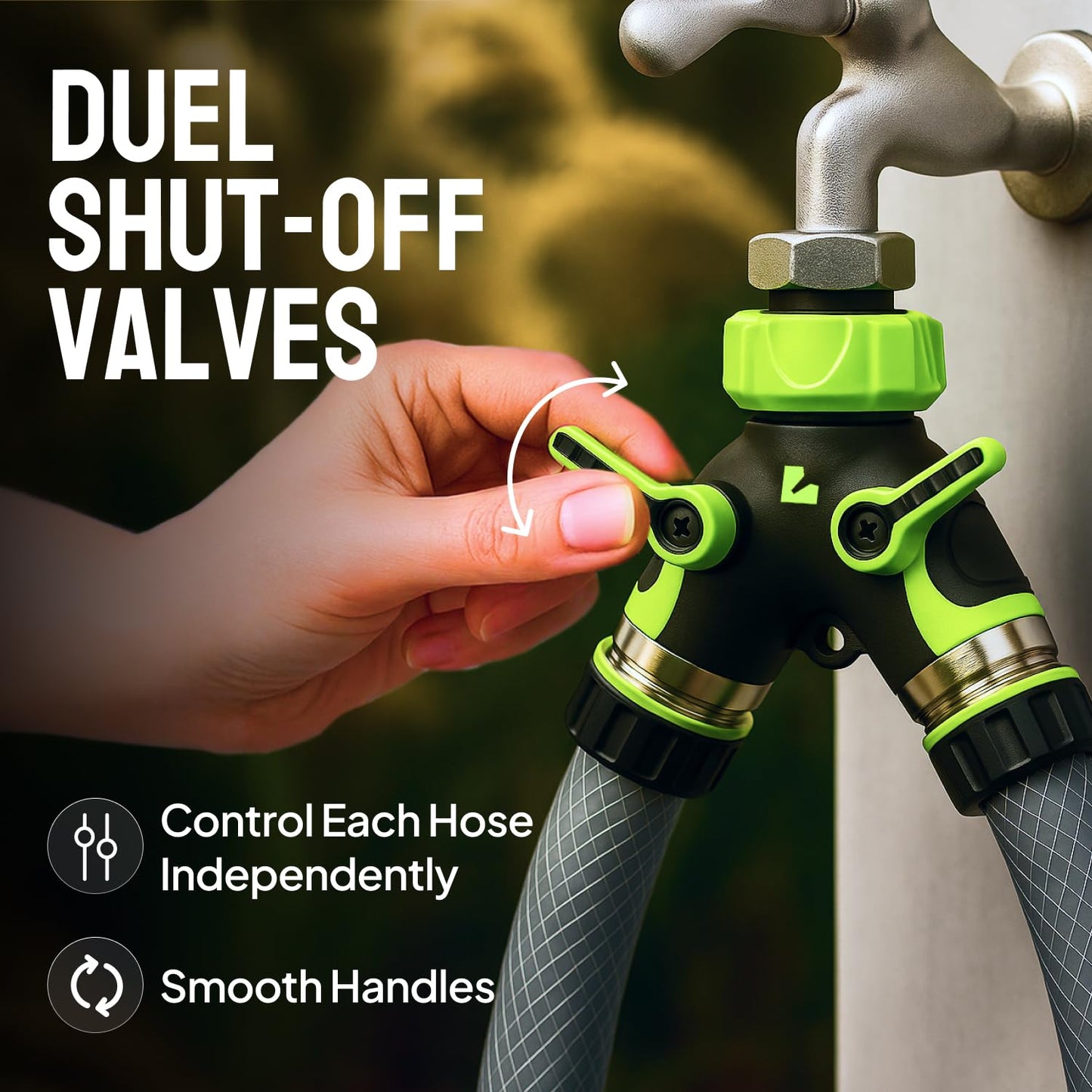 LIME 2 Way Hose Splitter Heavy Duty - Metal Y Garden Hose Splitter with Shutoff Valves, Brass Outdoor Faucet Adapter for Spigot, 3/4 Inch GHT Water Hose Connector