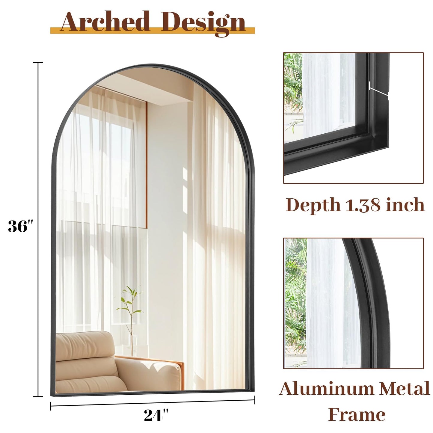 Riskioir 24" x 36" Luxury Arched Bathroom Mirror - Arch Wall Mirror with Shatterproof Tempered Glass and Metal Deep Frame, Hanging or Leaning for Living Room, Dresser, Entrance and Hallway, Black