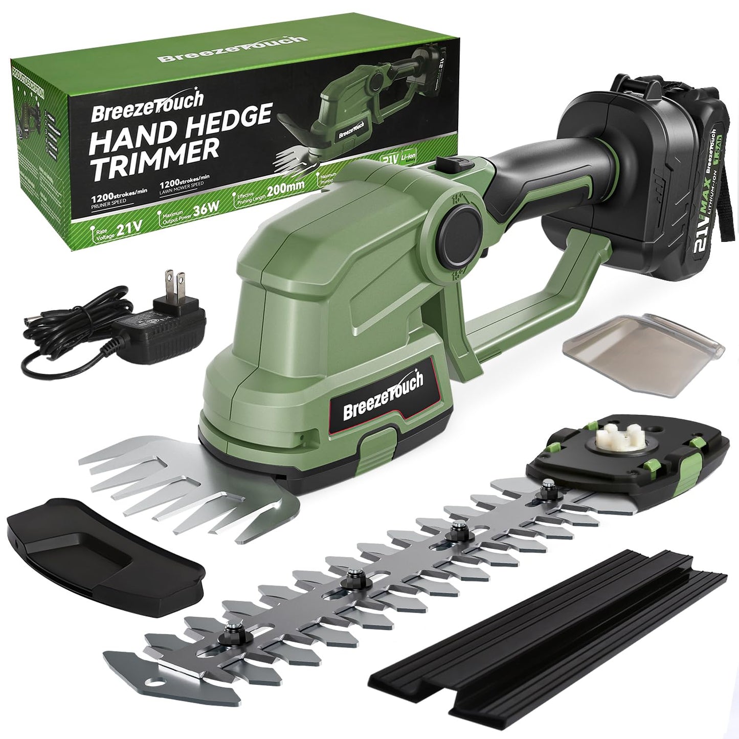 Breeze Touch 21V Hedge Trimmer Cordless with Battery and Charger, 2-in-1 Bush Trimmer Cordless & Grass Shear, Handheld Electric Hedge Trimmers with 4.5"/8.5" Blades for Garden & Lawn