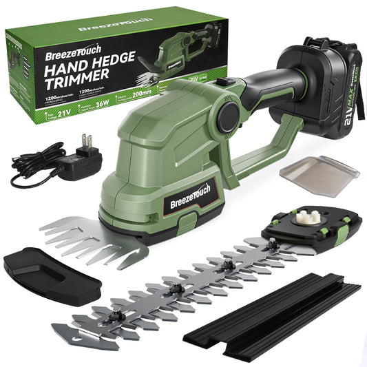 Breeze Touch 21V Hedge Trimmer Cordless with Battery and Charger, 2-in-1 Bush Trimmer Cordless & Grass Shear, Handheld Electric Hedge Trimmers with 4.5"/8.5" Blades for Garden & Lawn