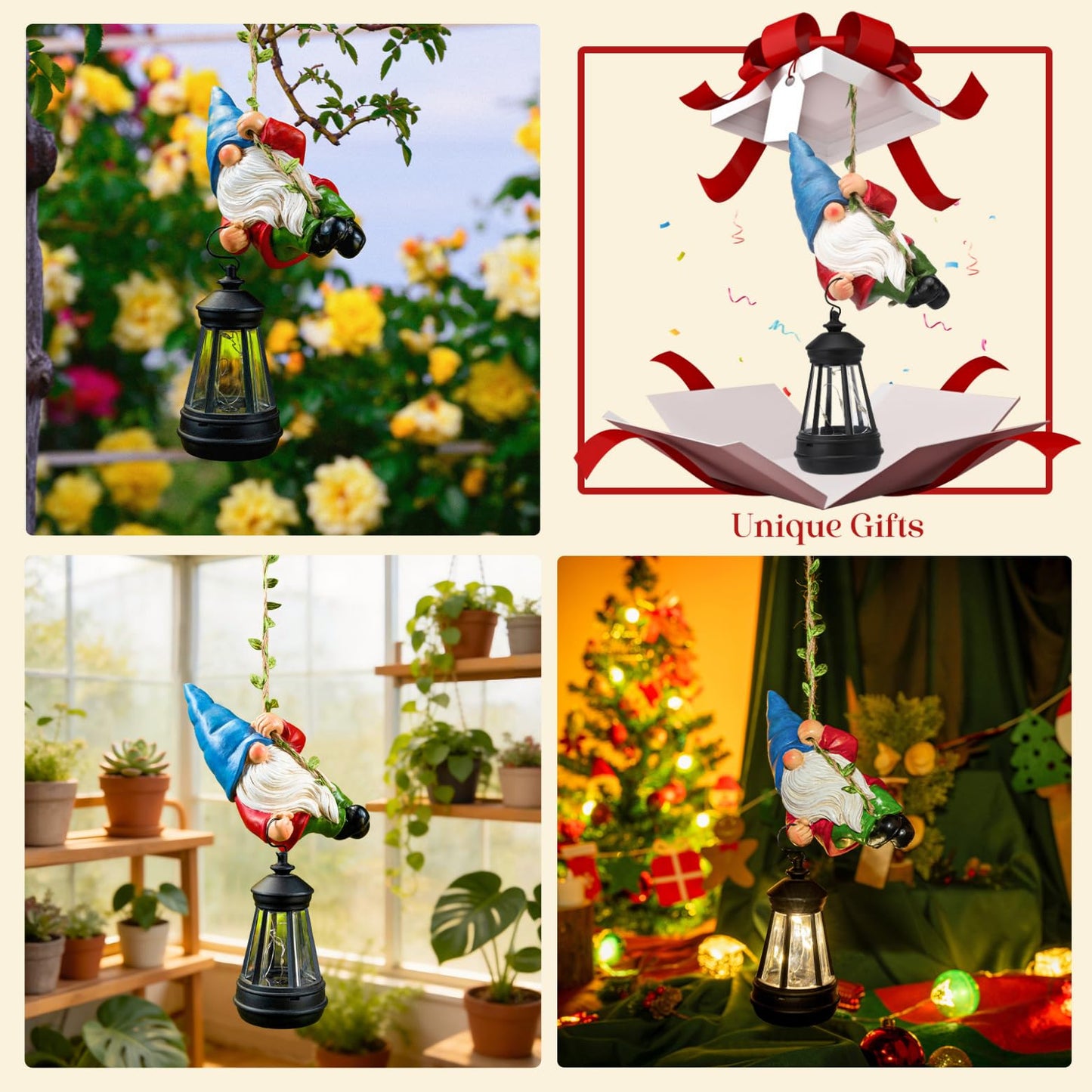 WONDHOME Solar Hanging Gnome Garden Statues Climbing Rope Gnome with LED Lantern Spring Outdoor Decor Tree Hugger Yard Porch Wall Fence Decoration Mother's Day Birthday Gifts for Mom Women