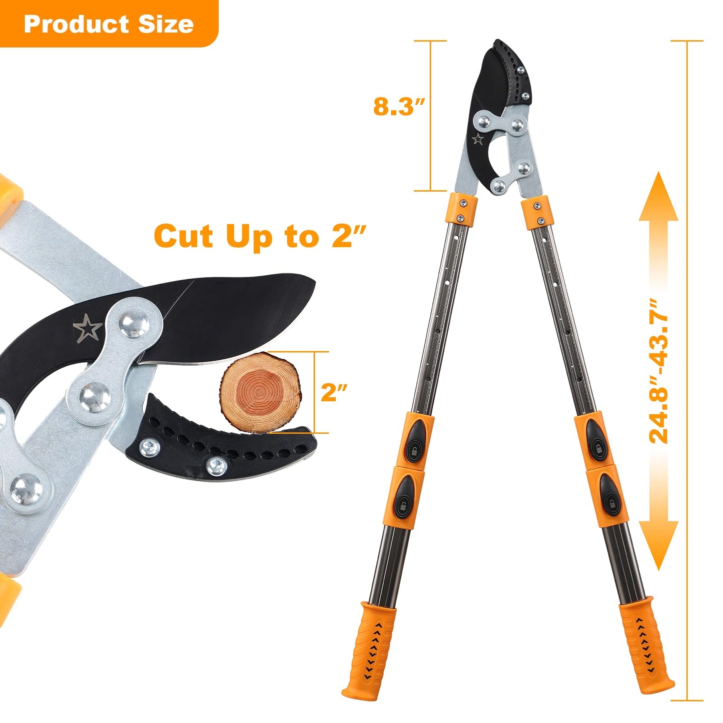 Loppers for tree trimming heavy duty extendable 24.8-43.7 inches,Tree pruning shears Rust Resistant Sharp Steel Blade Tree Limb Trimmer，Shock-Absorbing design, Non-slip Handle，Garden Tools