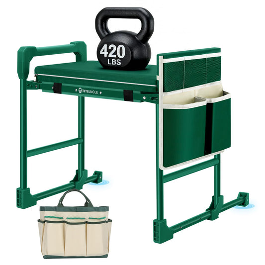 TITIUNCLE Garden Kneeler and Seat for Seniors: Heavy Duty 420 LBS Support Anti-Tip Multifunctional Gardening Stool Bench with Widened Thick Soft Kneeling Pad &Tool Bag - Foldable for Gardeners