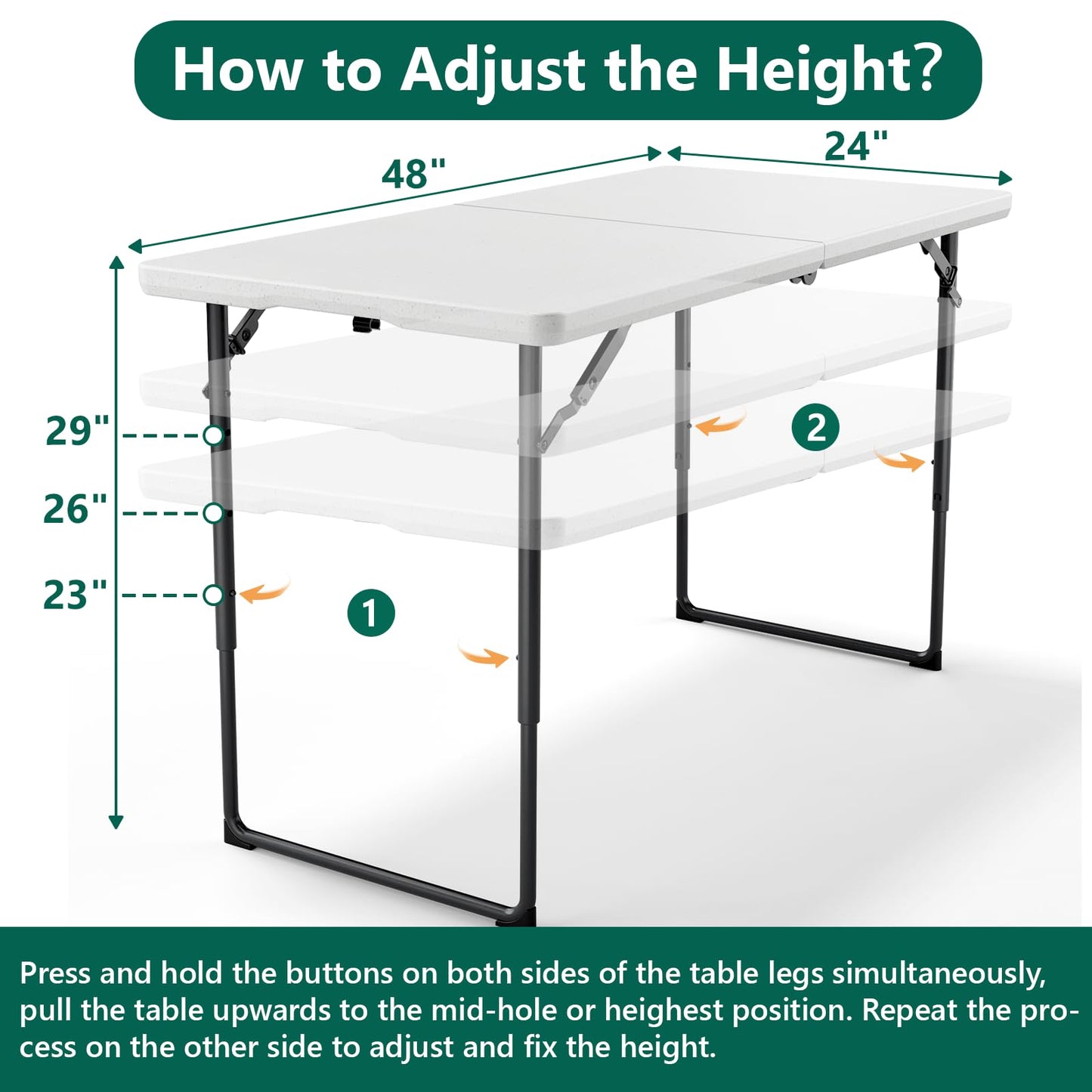 MAKE CHANGES Folding Table 4ft - Heavy Duty Fold-in-Half Plastic Table with Adjustable Height, Portable Utility Tables with Steel Legs for Indoor, Outdoor, Picnic, Camping, Dining, Party (White)