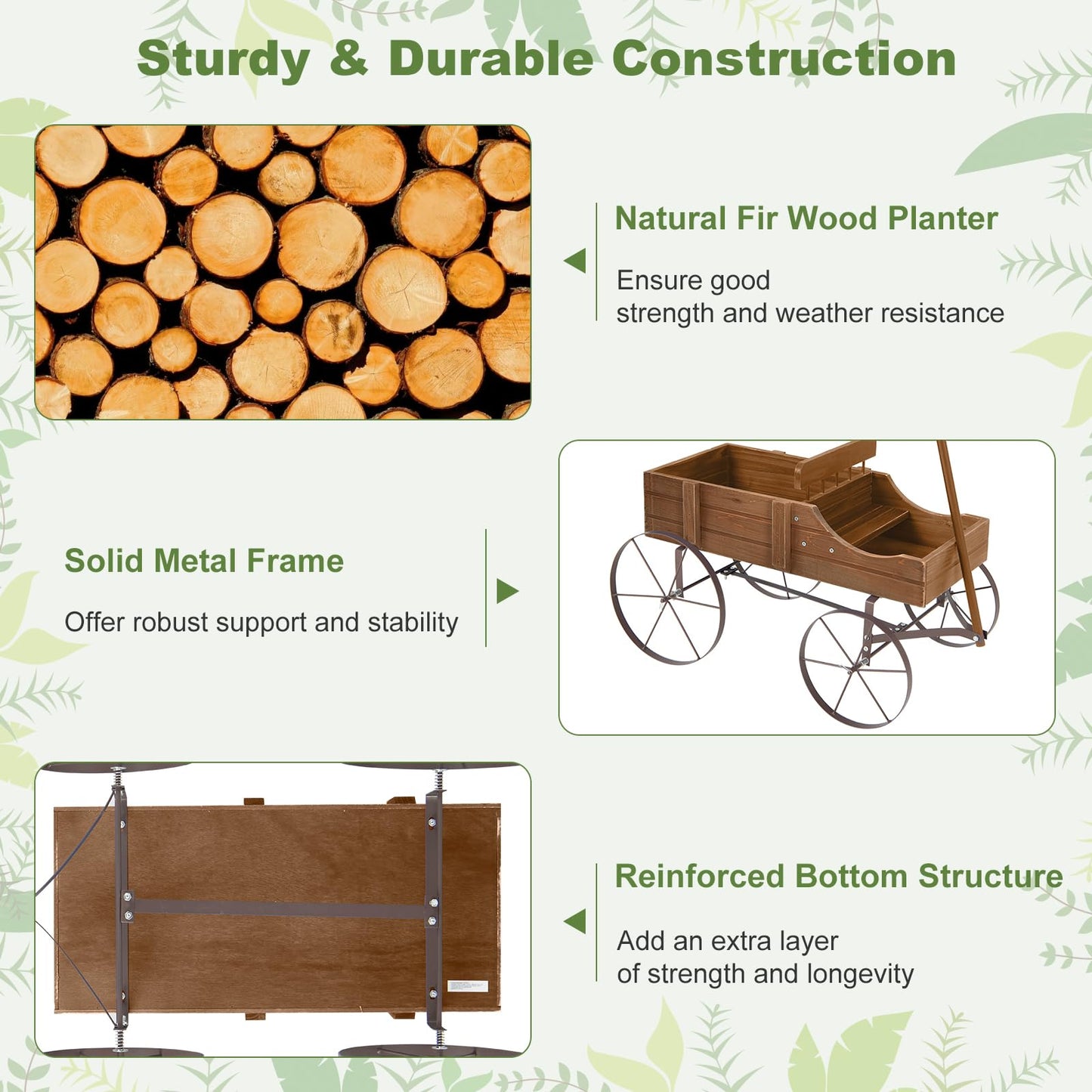 HAPPYGRILL Wooden Wagon Planter, 24.5” x 13.5” x 24” Decorative Garden Planter w/ 2 Planting Sections, Wheels, Handle, Small Decorated Cart, Flower Planter Box for Indoor Outdoor Patio (Brown)