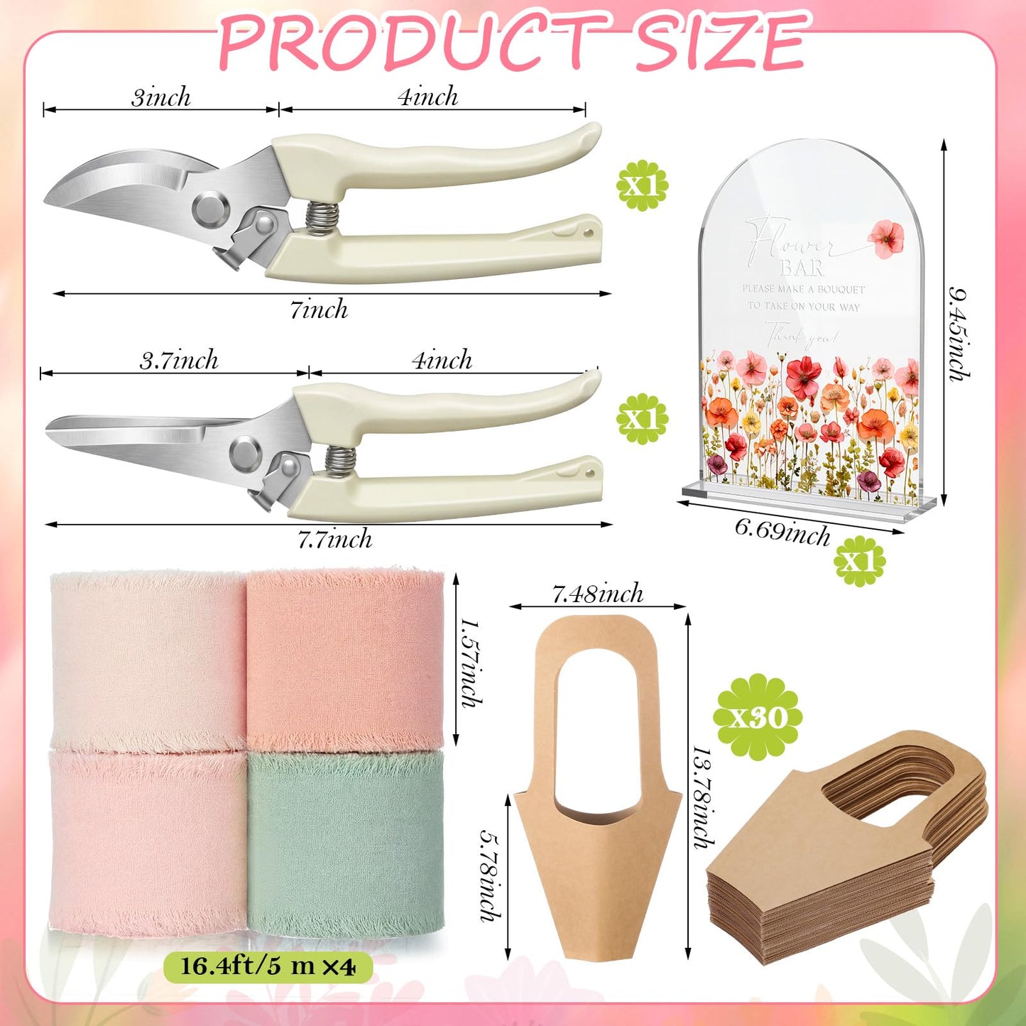 Kolldenn 37 Pcs Flower Bar Supplies Include Acrylic Flower Bar Sign Bouquet Wrapping Gift Bags with Handle Chiffon Ribbon Garden Scissors for Floral Bloom Decor (Arc)
