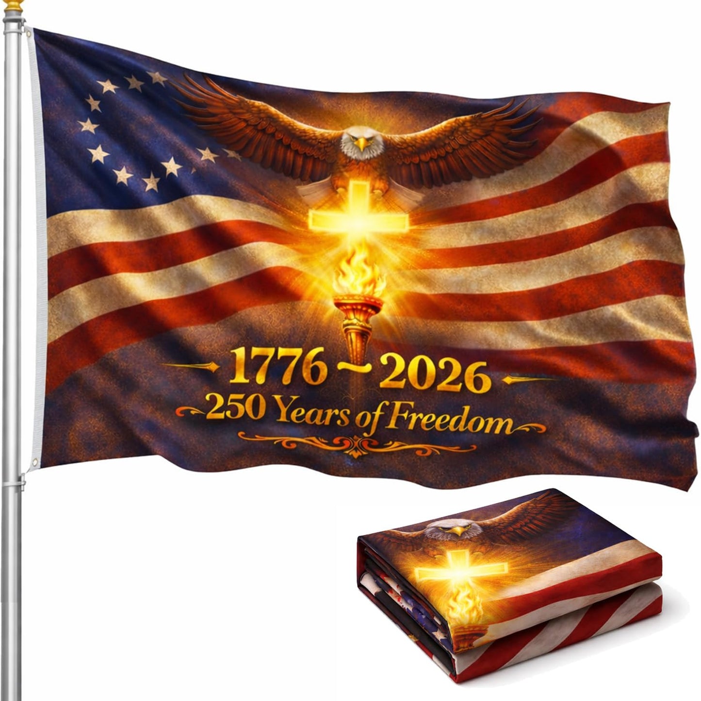 America 250th Anniversary USA Flag 3x5 Ft – 1776-2026 Patriotic USA Flag, Betsy Ross 13 Star Vintage American Flag, Double Sided 3-Ply Outdoor Flag with Brass Grommets, Fade Resistant (God Bless America)
