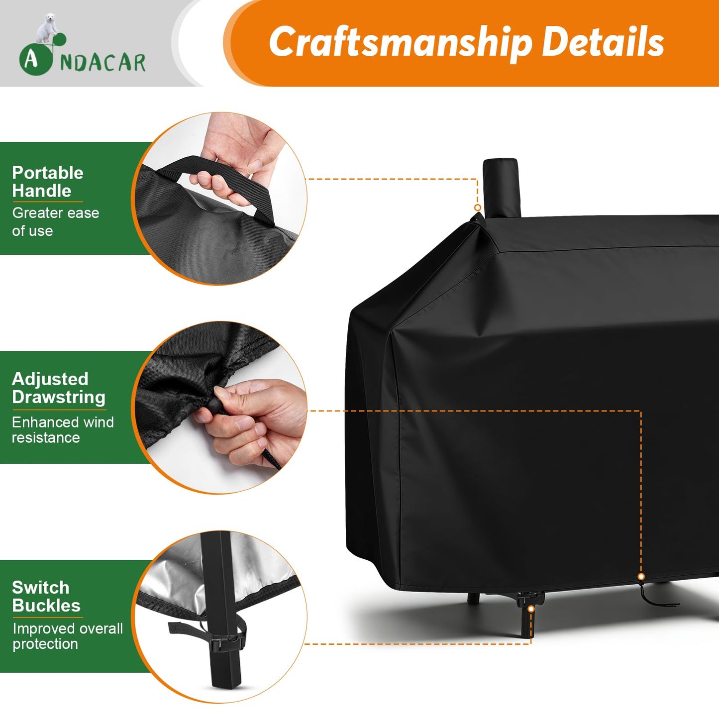 Andacar Charcoal Grill Cover for CC1830V 30 Charcoal Grill, Smoker Grill Cover for Outdoor Grill Waterproof BBQ Grill Cover - 44" L×29" W×45" H, Black