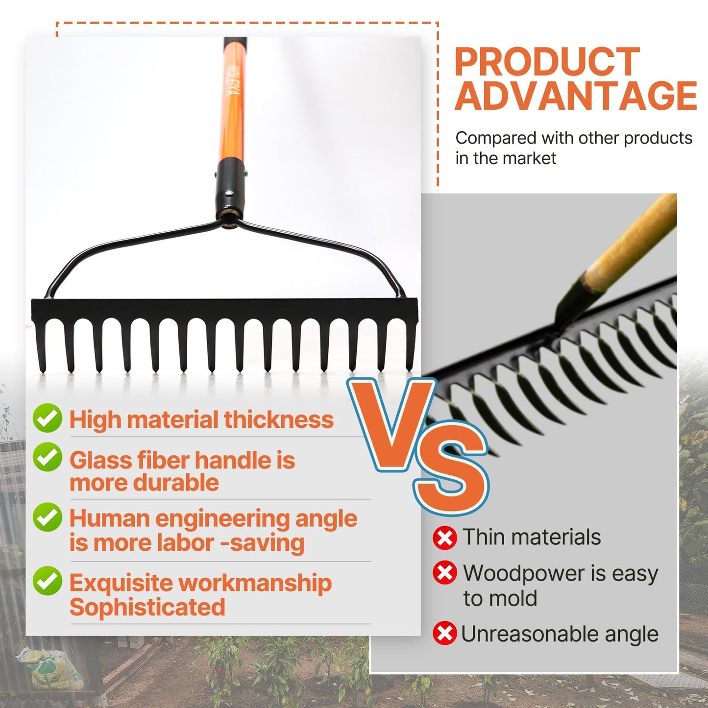 KOLEIYA Garden Rake Heavy Duty, 14-Tine Bow Rake with 57" Fiberglass Handle, for Soil Leveling, Lawn Care, Mulch Spreading, Leaf and Debris Cleanup
