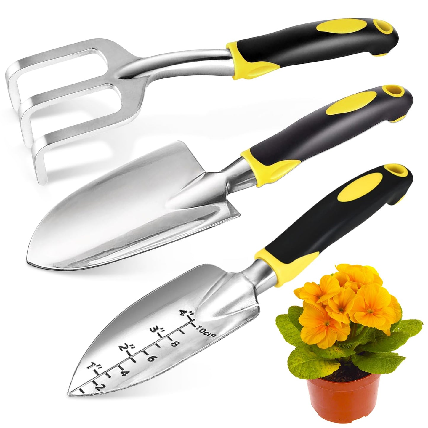 Garden Tool Set, 3 Pcs Heavy Garden Tools, Garden Shovel, Transplant Trowel and Hand Rake with Soft Rubberized Non-Slip Ergonomic Handle for Planting
