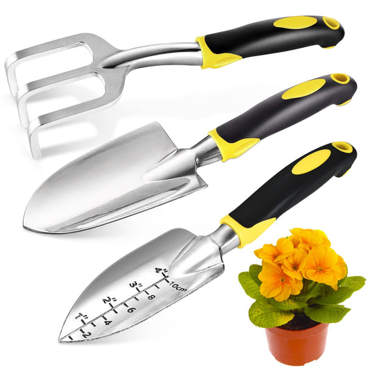 Garden Tool Set, 3 Pcs Heavy Garden Tools, Garden Shovel, Transplant Trowel and Hand Rake with Soft Rubberized Non-Slip Ergonomic Handle for Planting