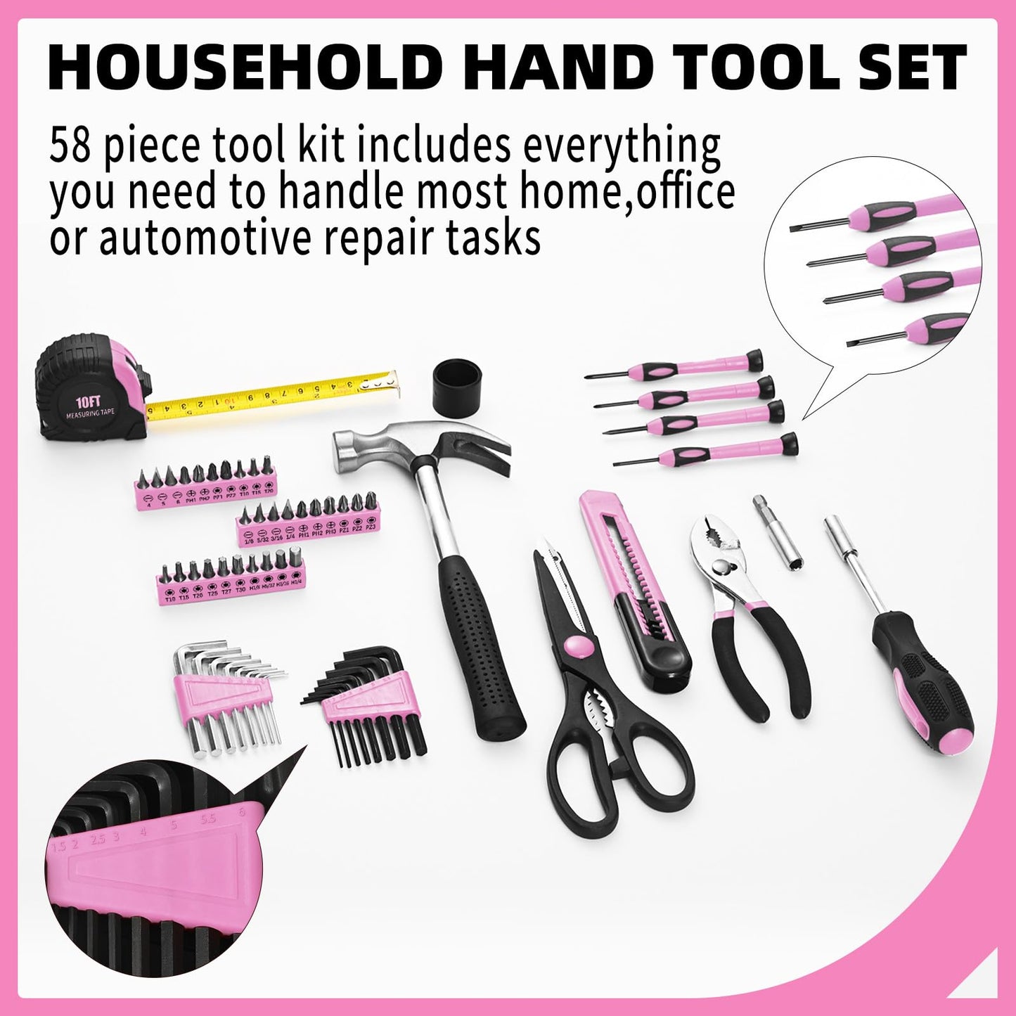 GETFOO 58-Piece Pink Home Tool Set | Basic Household Hand Kit for Women Girls Ladies | All Purpose Small Tool Kit with Storage Toolbox for Home Repair DIY